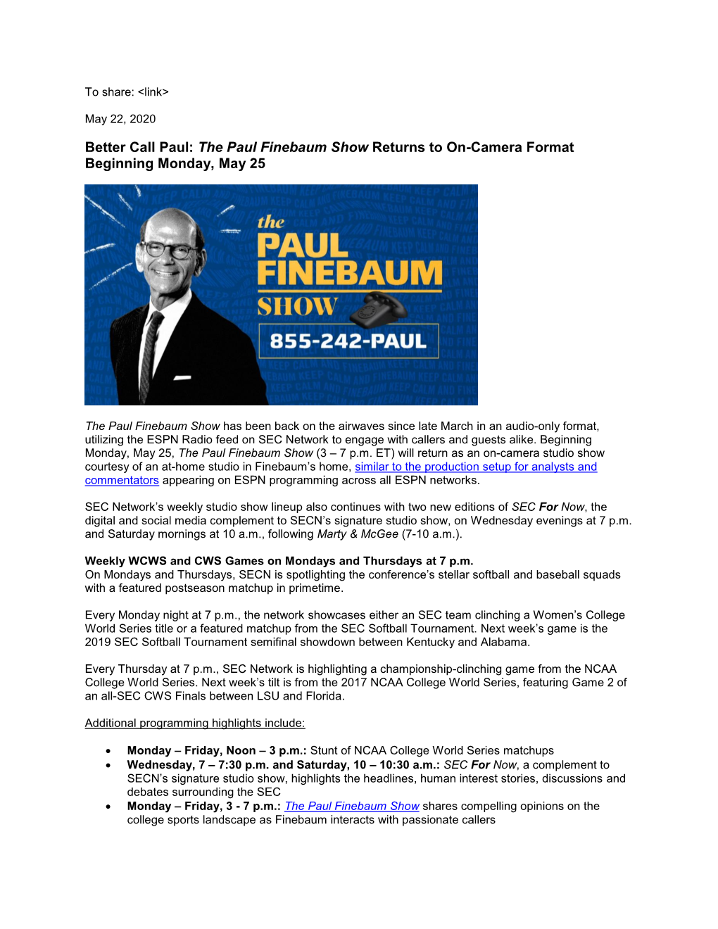 The Paul Finebaum Show Returns to On-Camera Format Beginning Monday, May 25