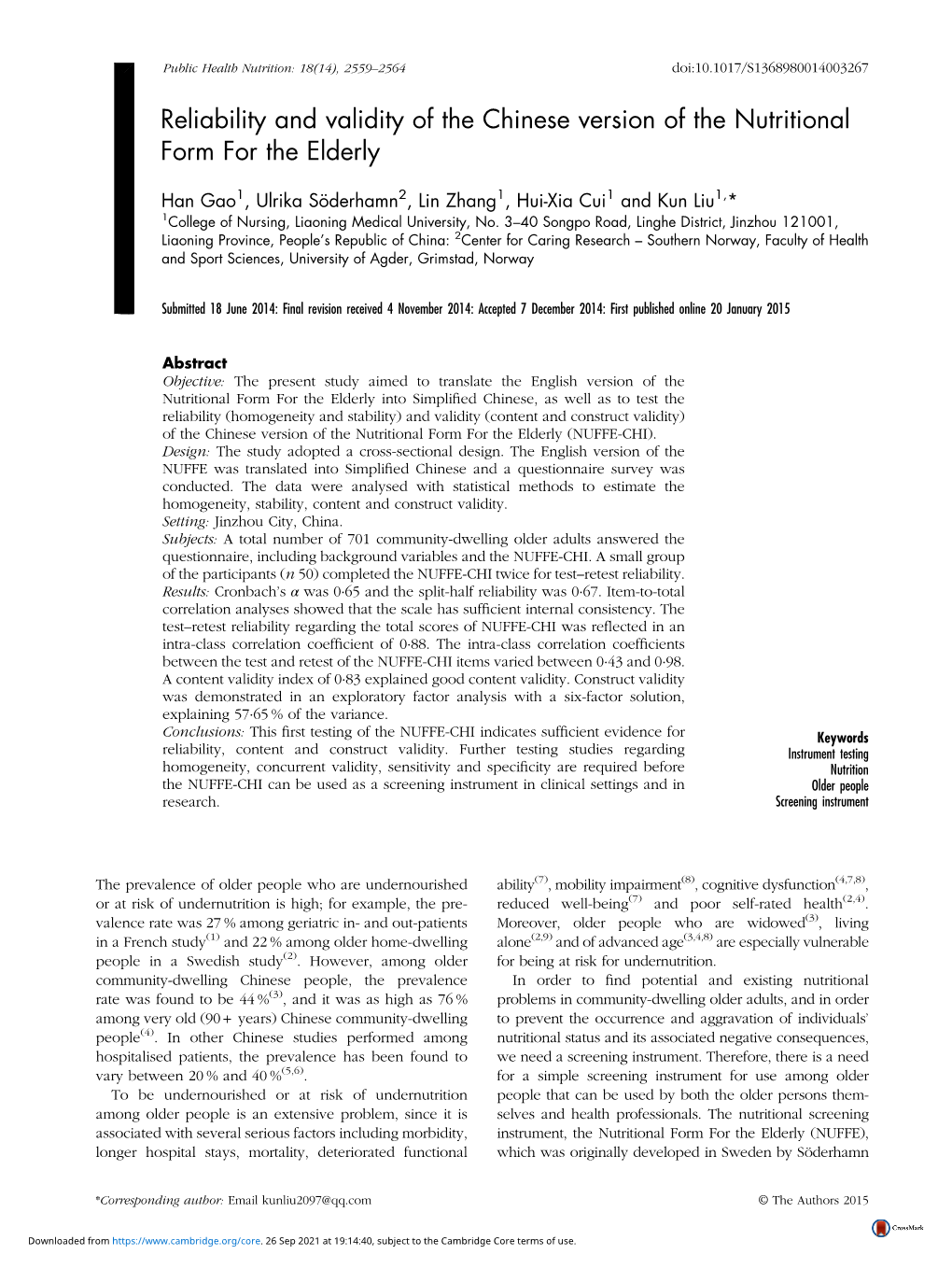 Reliability and Validity of the Chinese Version of the Nutritional Form for the Elderly