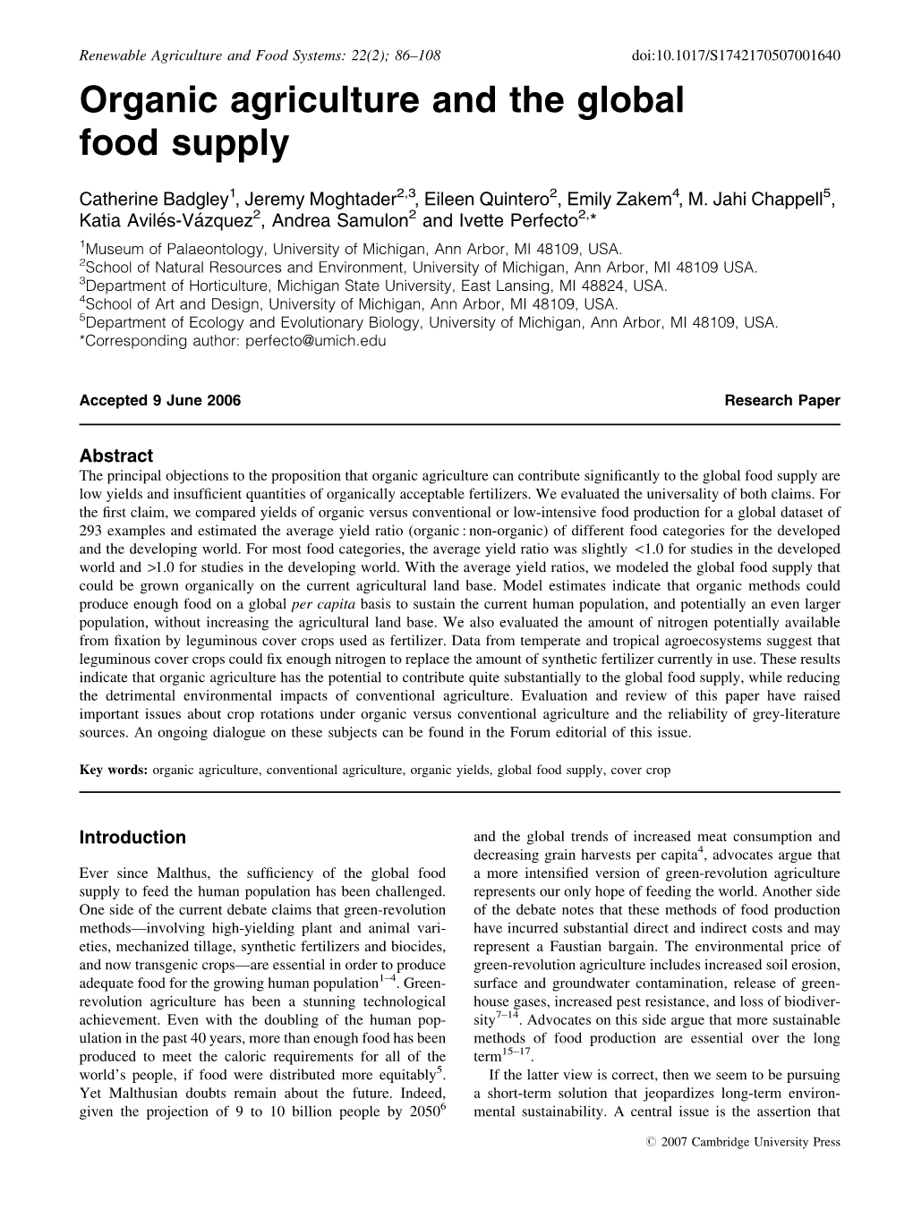 Organic Agriculture and the Global Food Supply