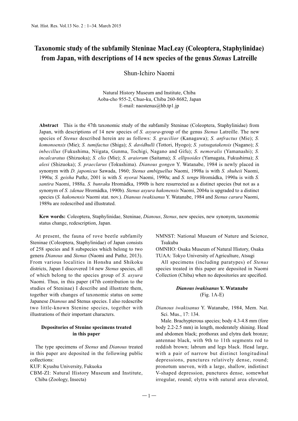 Taxonomic Study of the Subfamily Steninae Macleay (Coleoptera, Staphylinidae) from Japan, with Descriptions of 14 New Species of the Genus Stenus Latreille