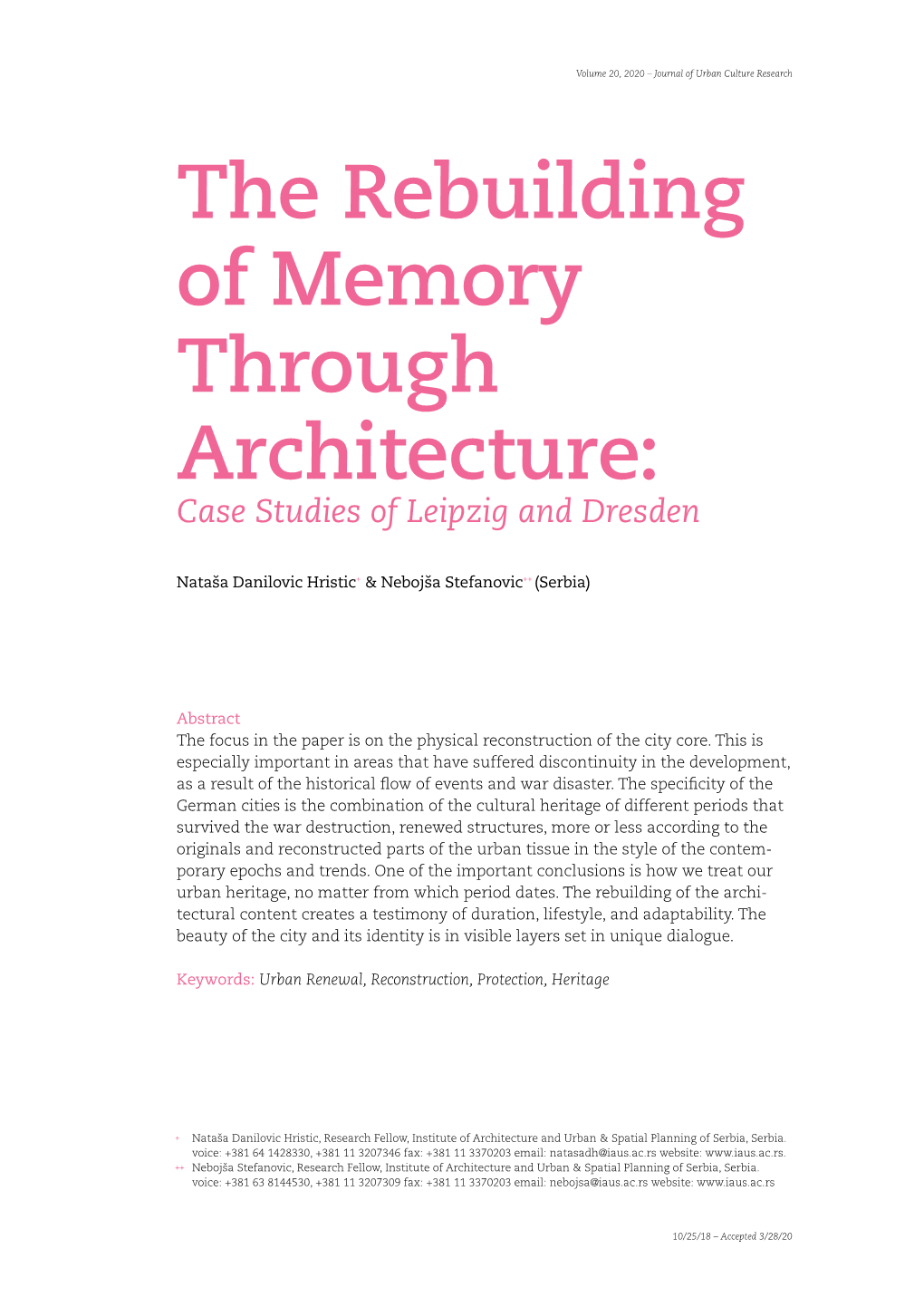 The Rebuilding of Memory Through Architecture: Case Studies of Leipzig and Dresden