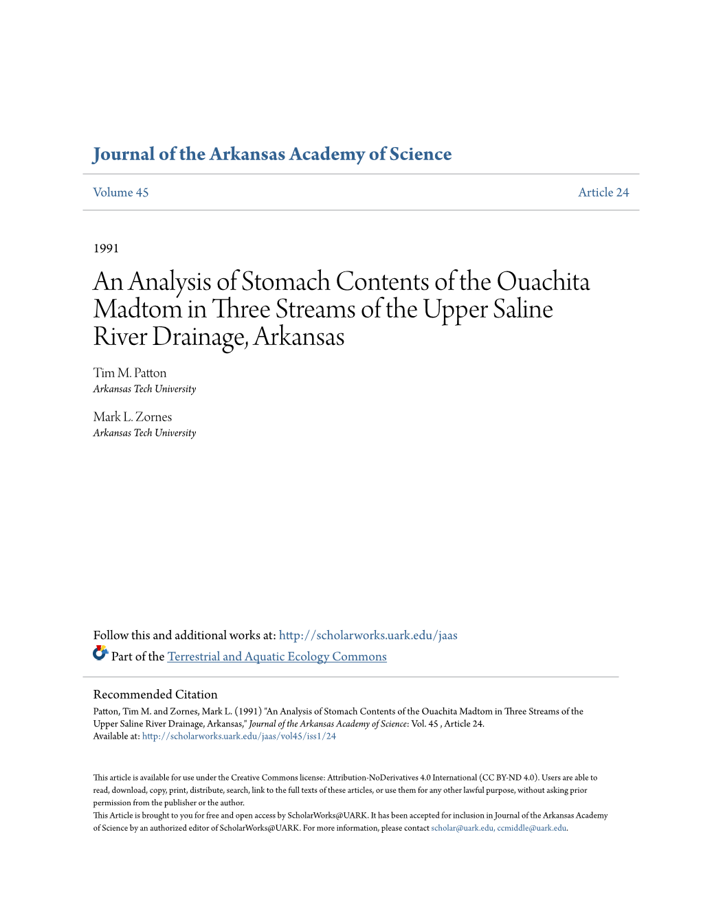 An Analysis of Stomach Contents of the Ouachita Madtom in Three Streams of the Upper Saline River Drainage, Arkansas Tim M