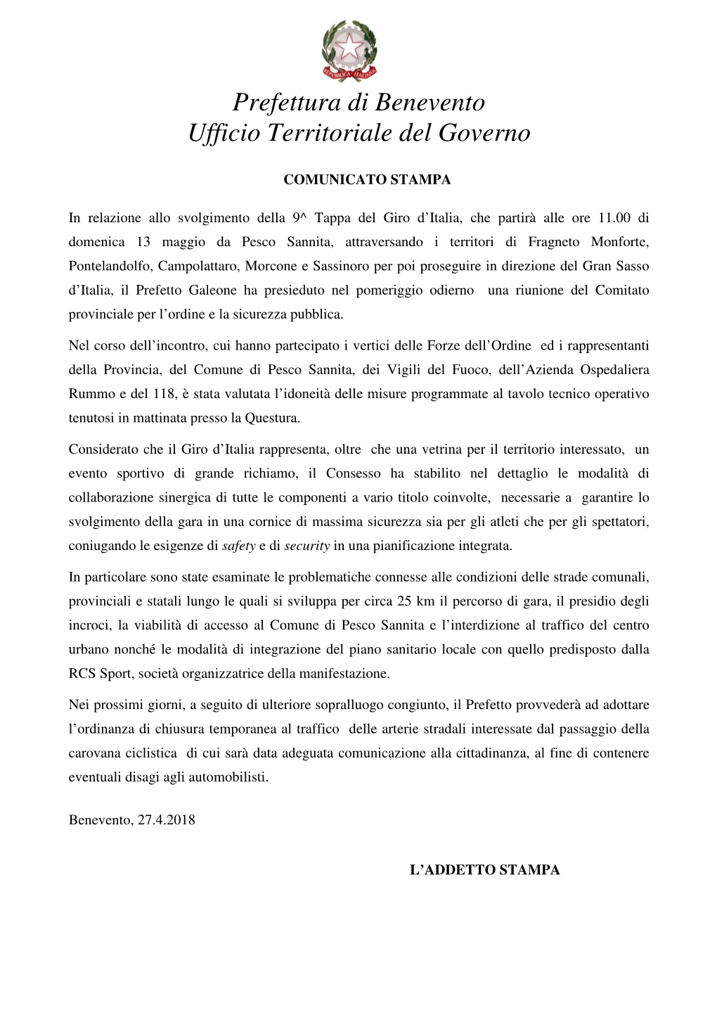 Prefettura Di Benevento Ufficio Territoriale Del Governo