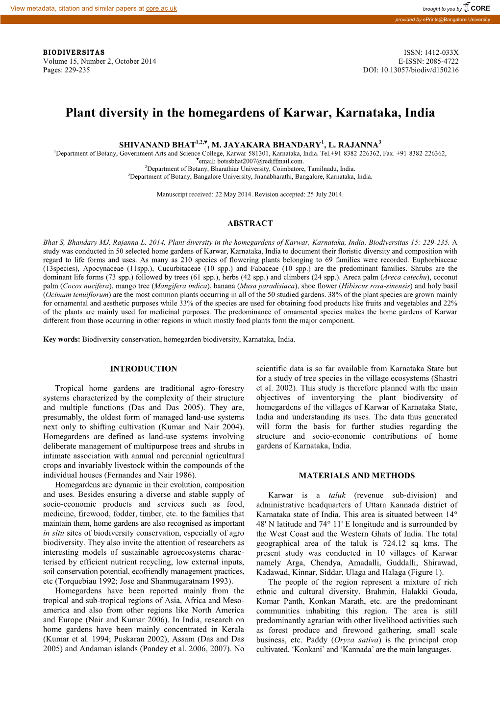 Plant Diversity in the Homegardens of Karwar, Karnataka, India