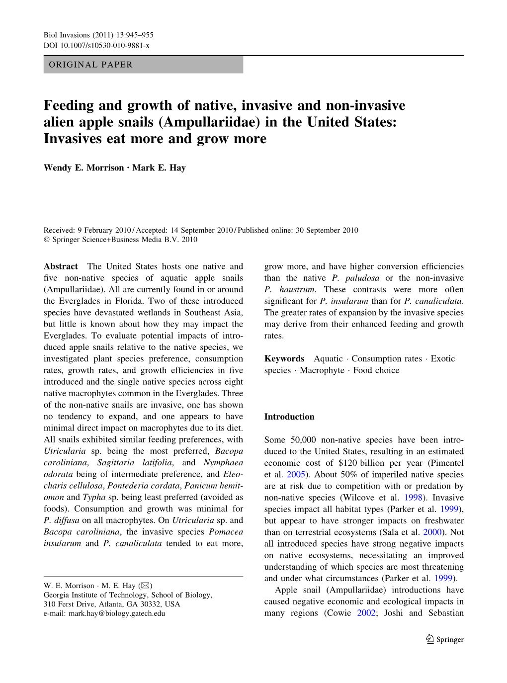 Feeding and Growth of Native, Invasive and Non-Invasive Alien Apple Snails (Ampullariidae) in the United States: Invasives Eat More and Grow More