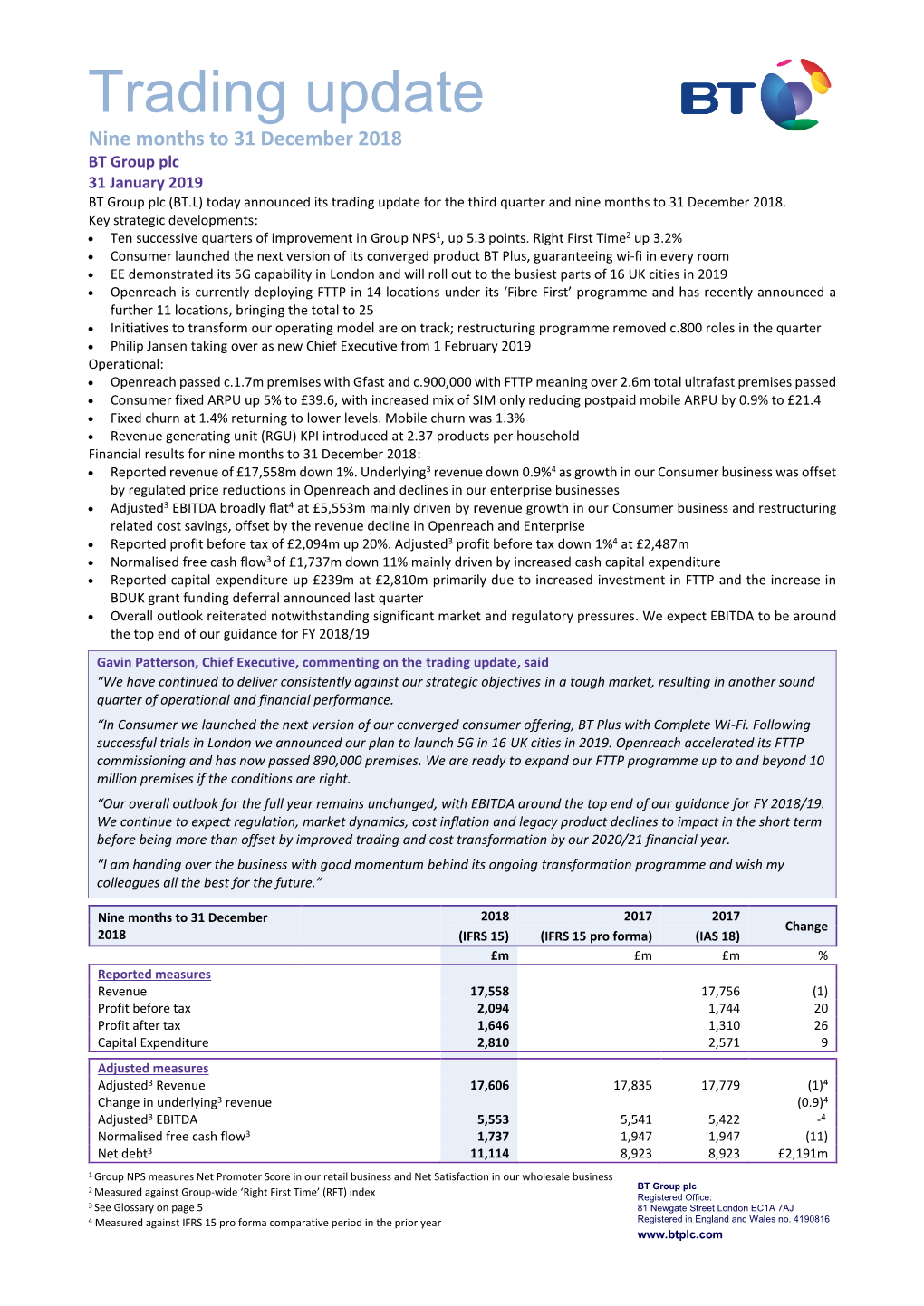 Trading Update Nine Months to 31 December 2018 BT Group Plc 31 January 2019