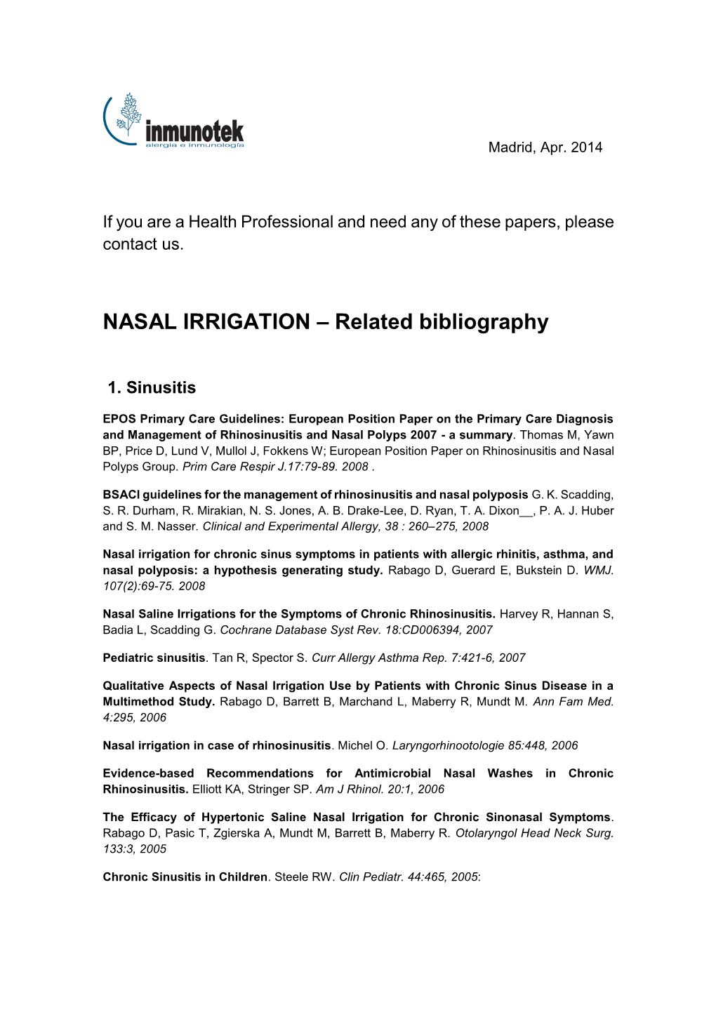 NASAL IRRIGATION – Related Bibliography