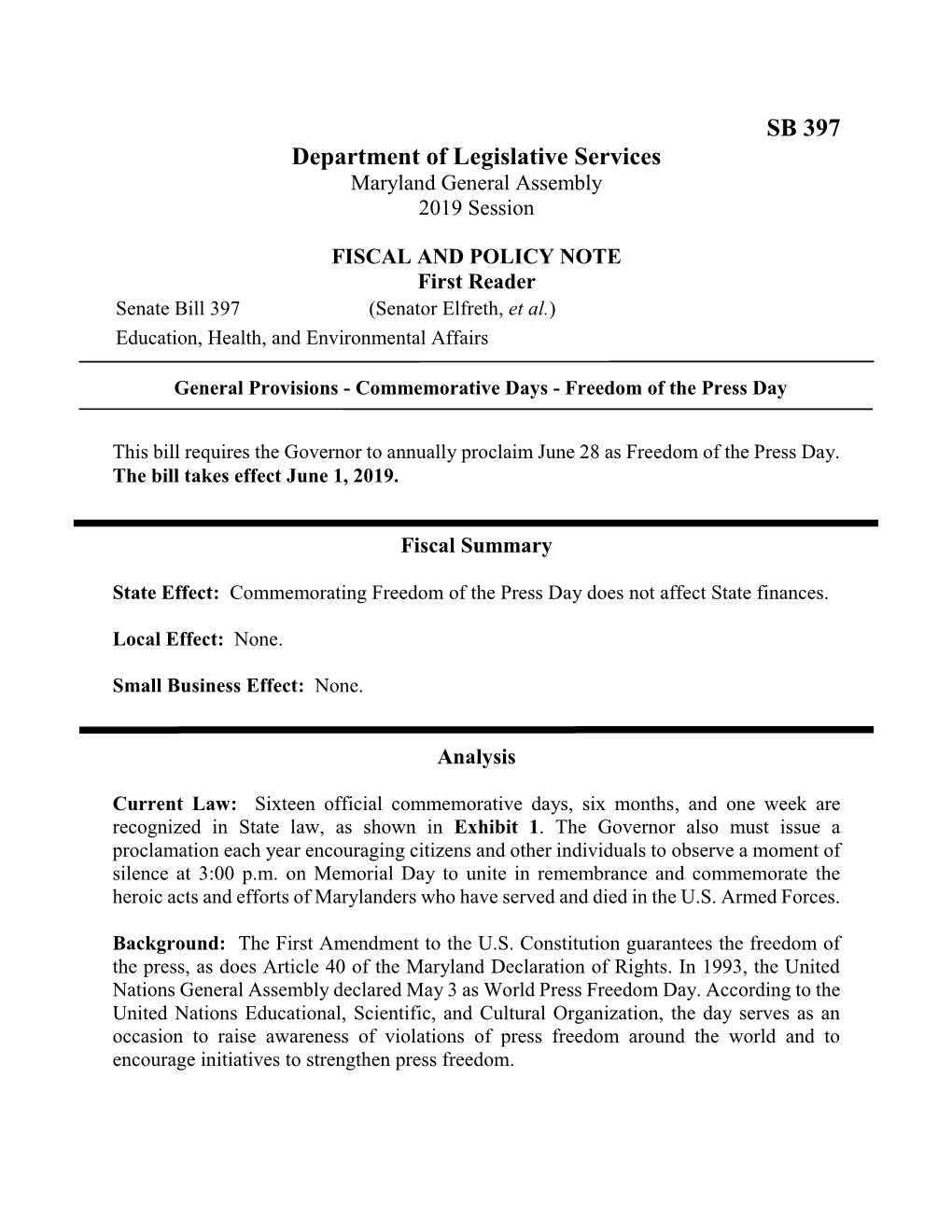 FISCAL and POLICY NOTE First Reader Senate Bill 397 (Senator Elfreth, Et Al.) Education, Health, and Environmental Affairs