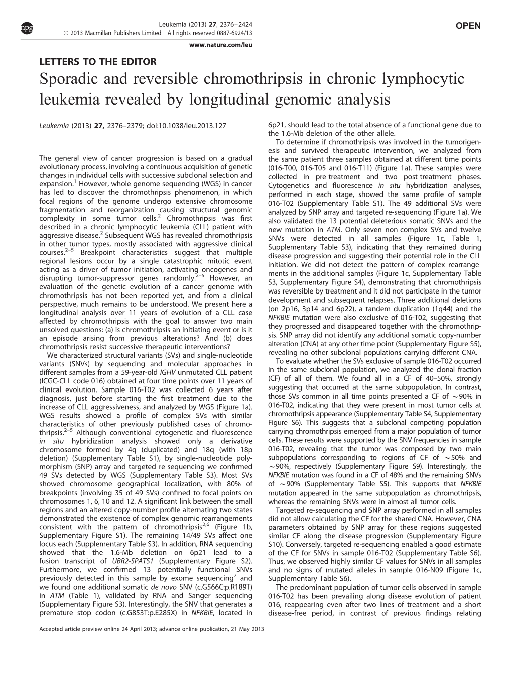 Sporadic and Reversible Chromothripsis in Chronic Lymphocytic Leukemia Revealed by Longitudinal Genomic Analysis