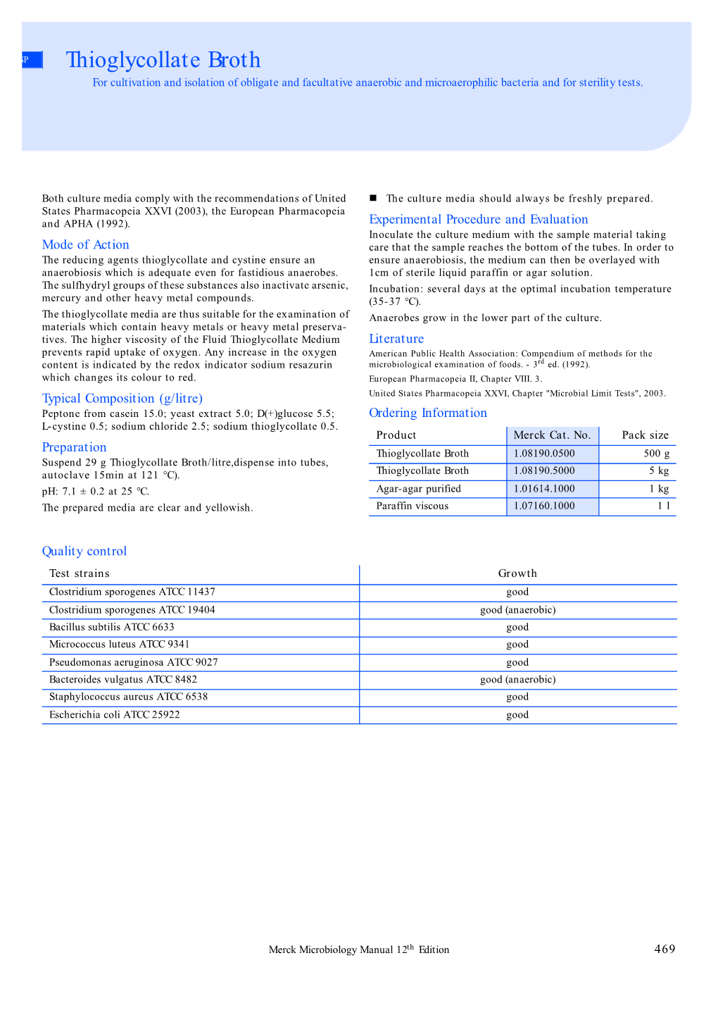 Thioglycollate Broth for Cultivation and Isolation of Obligate and Facultative Anaerobic and Microaerophilic Bacteria and for Sterility Tests