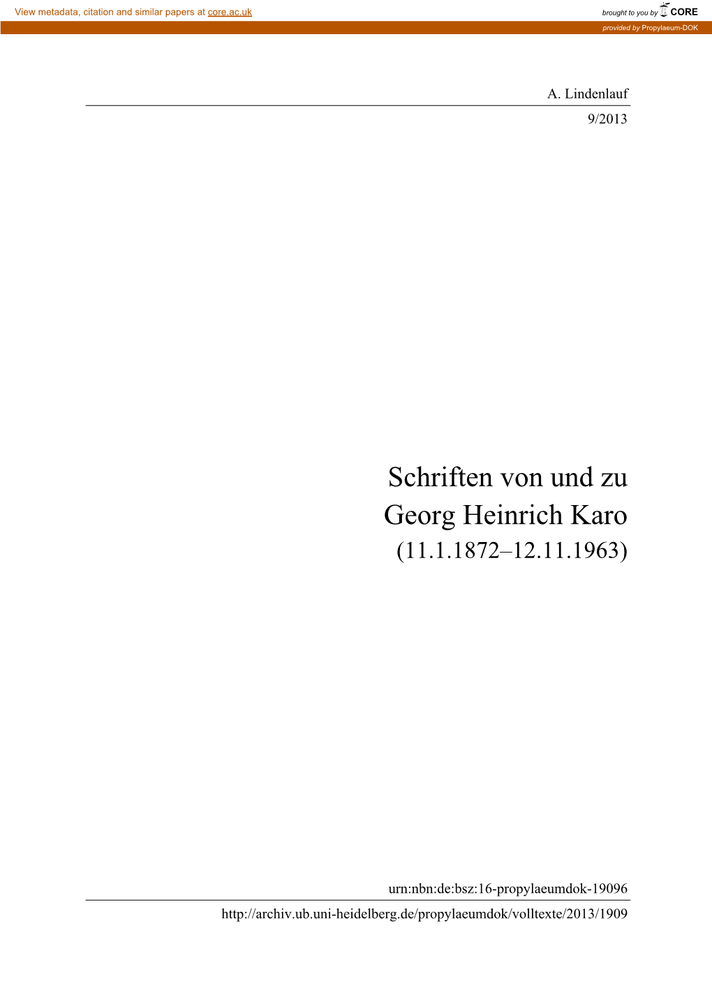 Schriften Von Und Zu Georg Heinrich Karo (11.1.1872–12.11.1963)