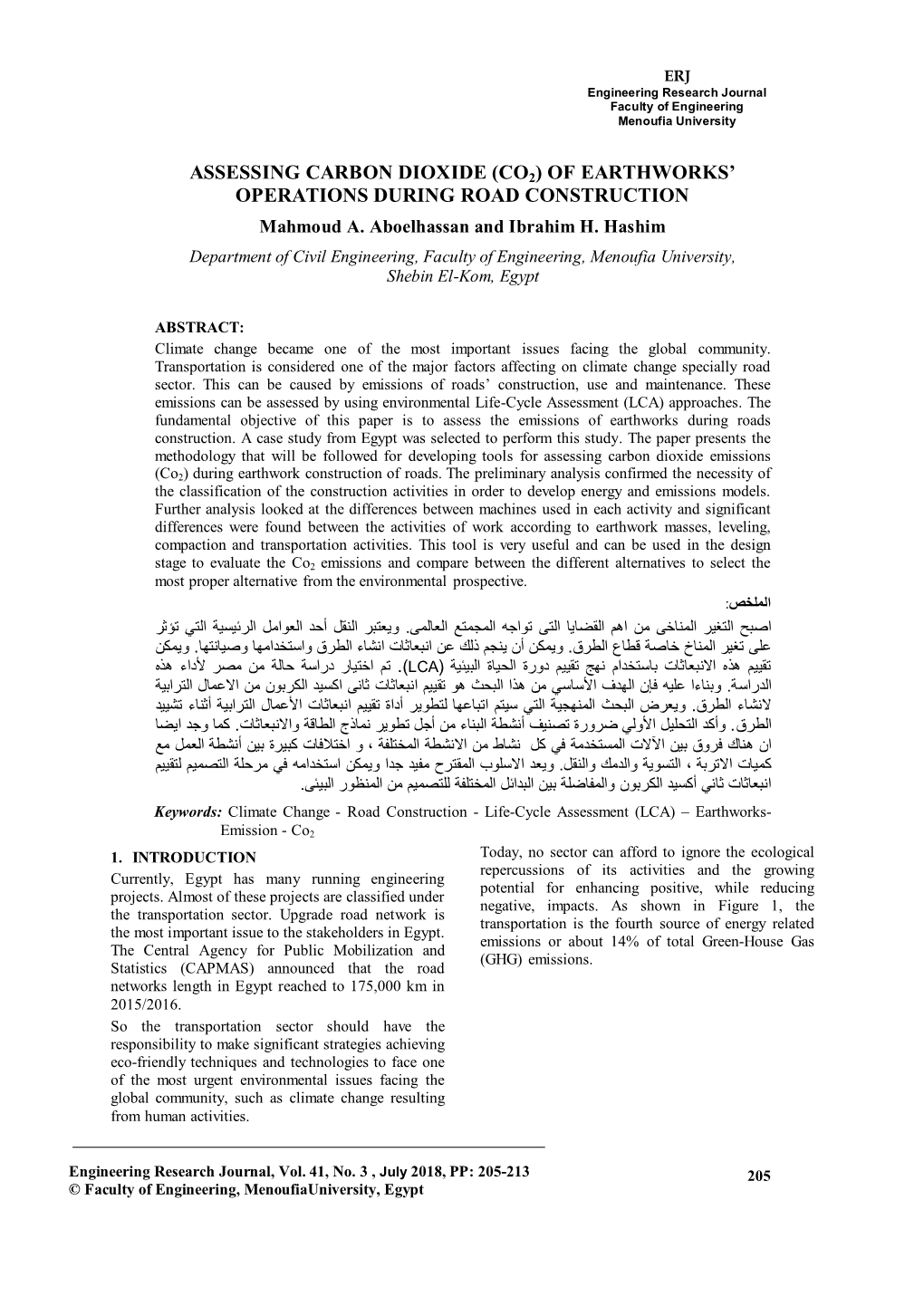 ASSESSING CARBON DIOXIDE (CO2) of EARTHWORKS’ OPERATIONS DURING ROAD CONSTRUCTION Mahmoud A