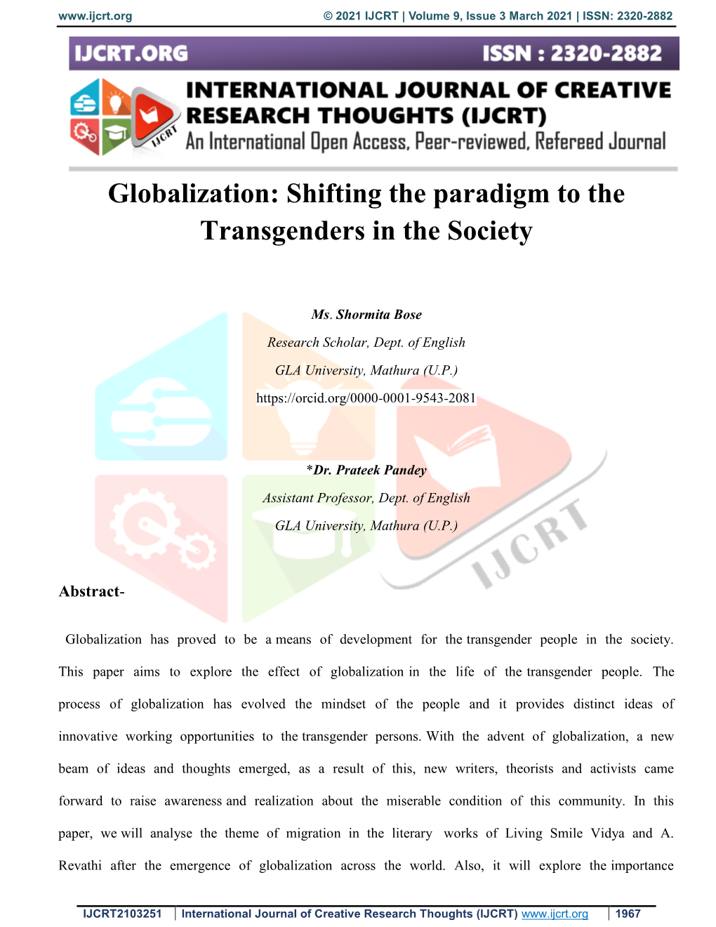 Globalization: Shifting the Paradigm to the Transgenders in the Society