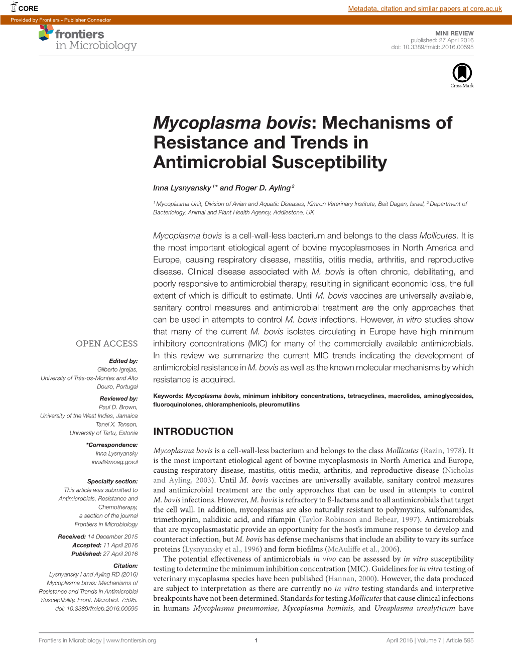 Mycoplasma Bovis: Mechanisms of Resistance and Trends in Antimicrobial Susceptibility