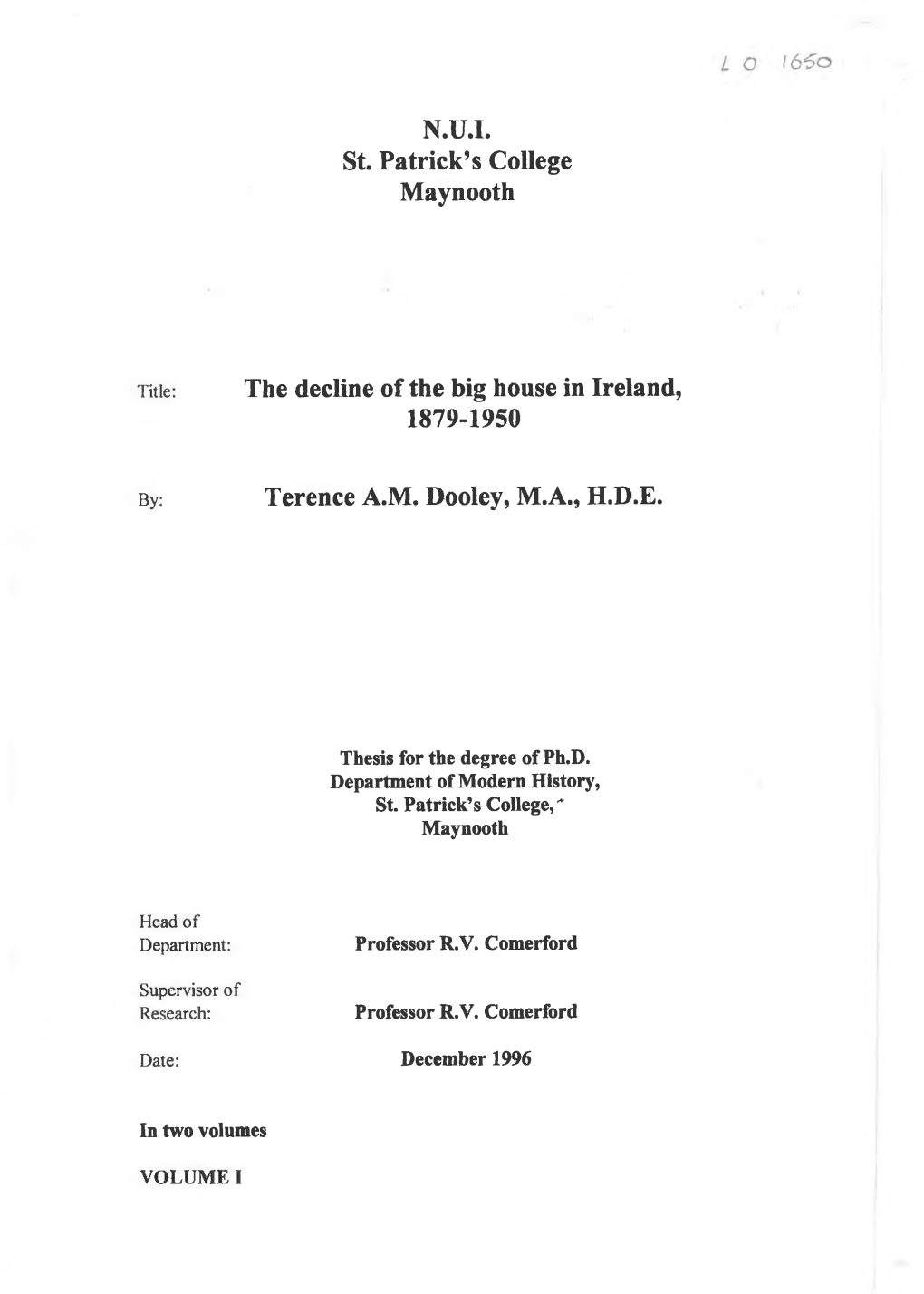 N.U.I. St. Patrick's College Maynooth the Decline of the Big House In