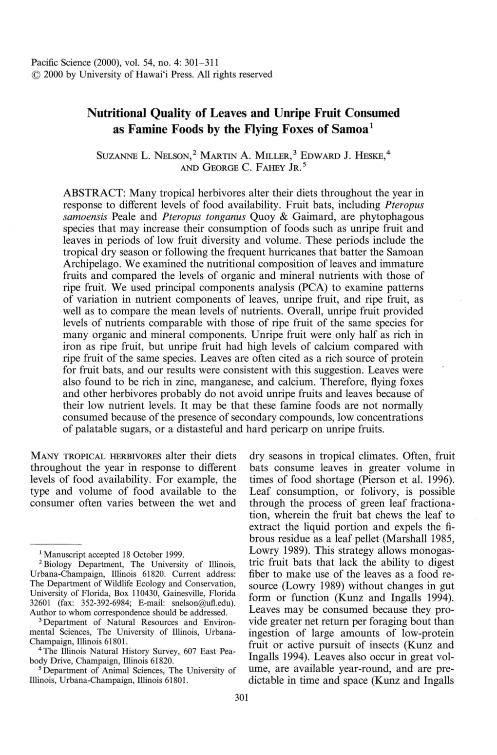 Nutritional Quality of Leaves and Unripe Fruit Consumed As Famine Foods by the Flying Foxes of Samoa1