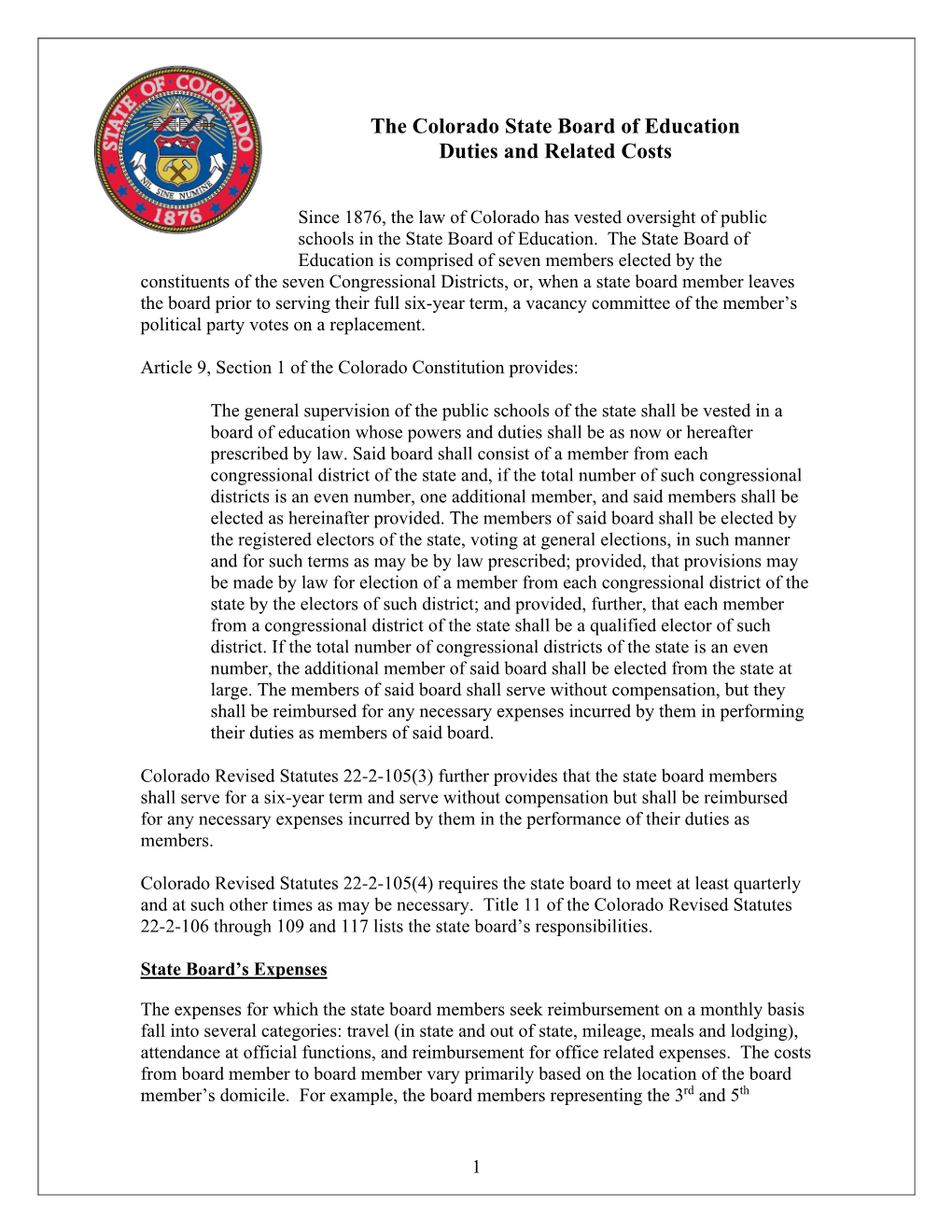 The Colorado State Board of Education Duties and Related Costs
