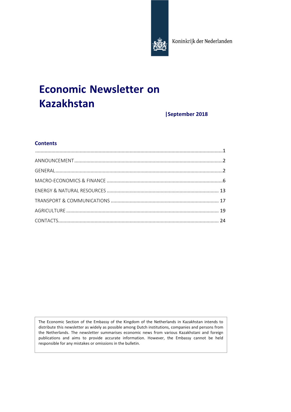 Economic Newsletter on Kazakhstan Appears Every Month and Is Distributed by E-Mail