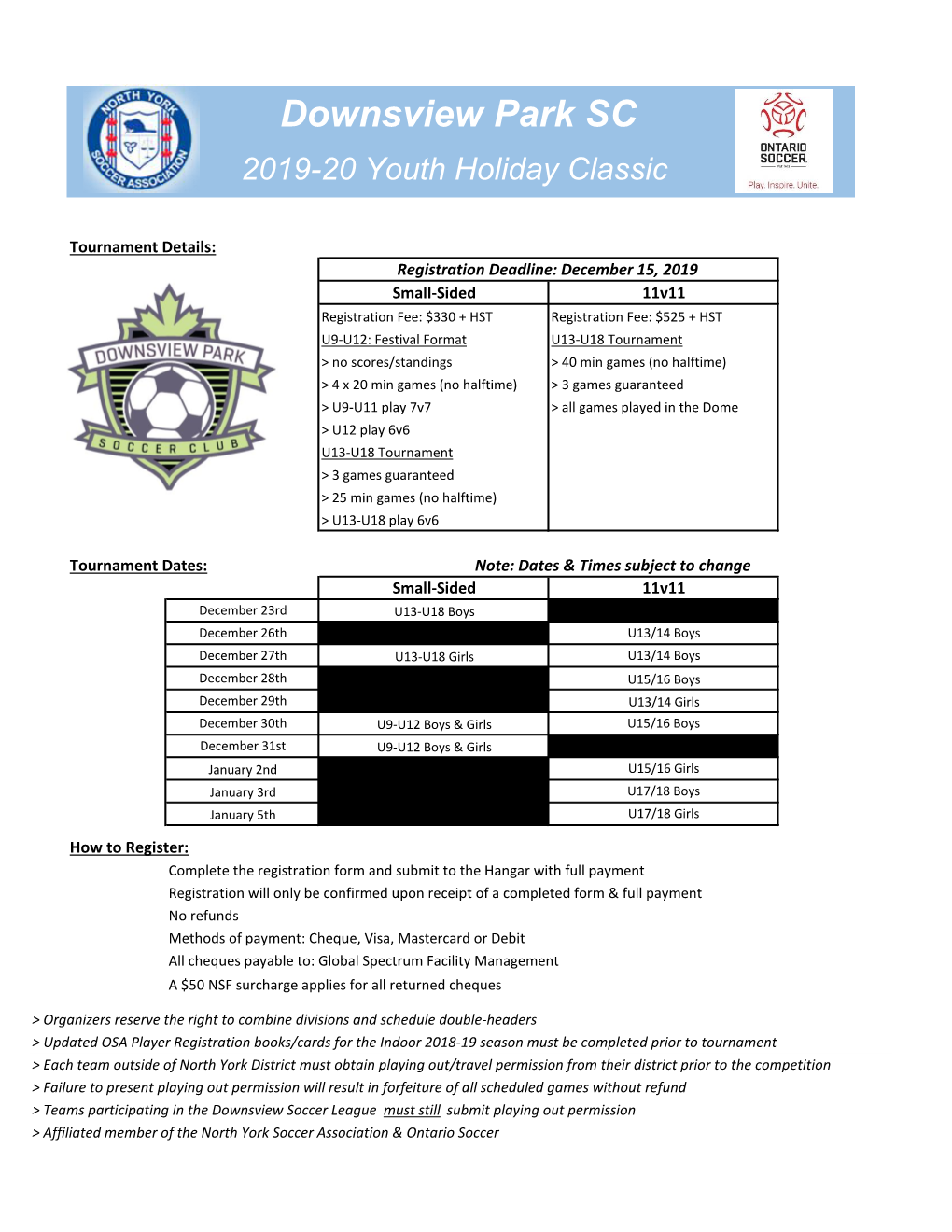Downsview Park SC 2019-20 Youth Holiday Classic