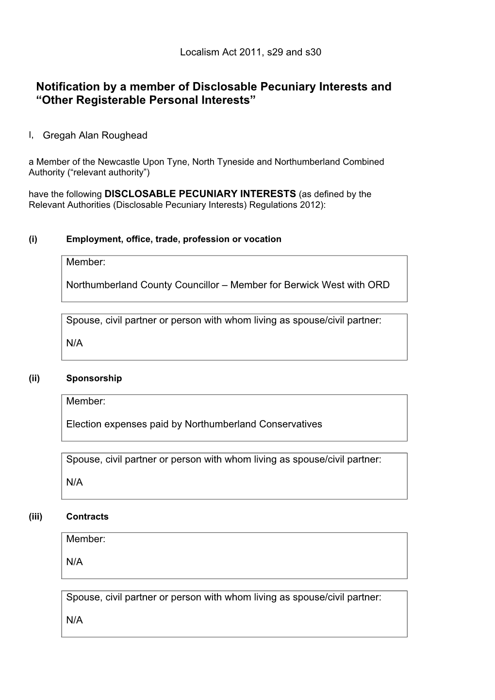 Notification by a Member of Disclosable Pecuniary Interests and “Other Registerable Personal Interests”