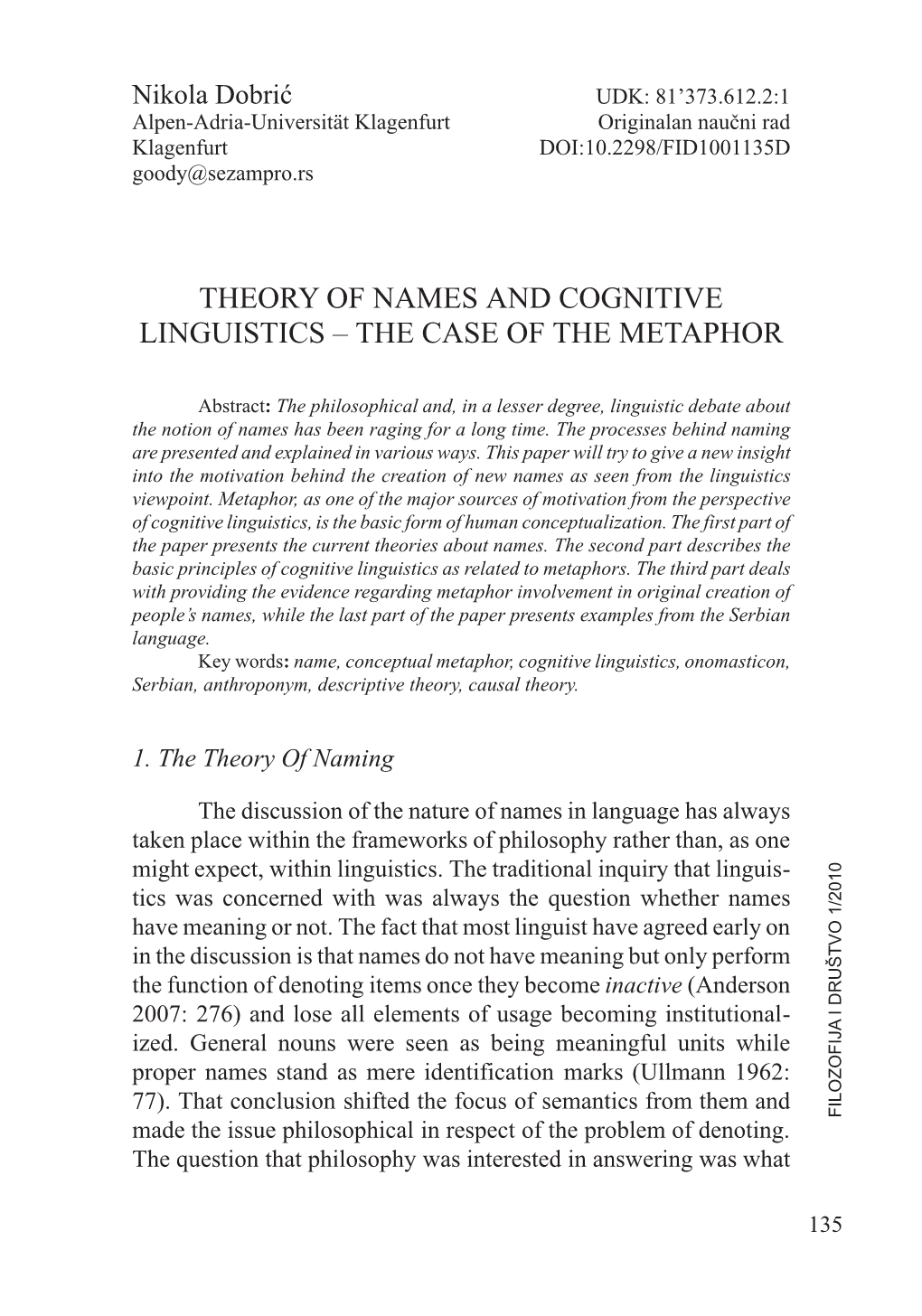 Theory of Names and Cognitive Linguistics – the Case of the Metaphor