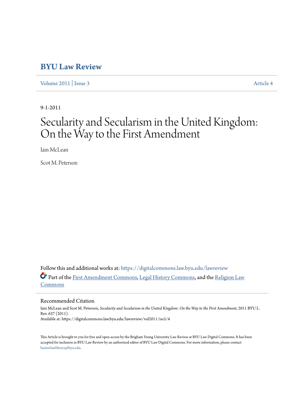 Secularity and Secularism in the United Kingdom: on the Way to the First Amendment Iain Mclean