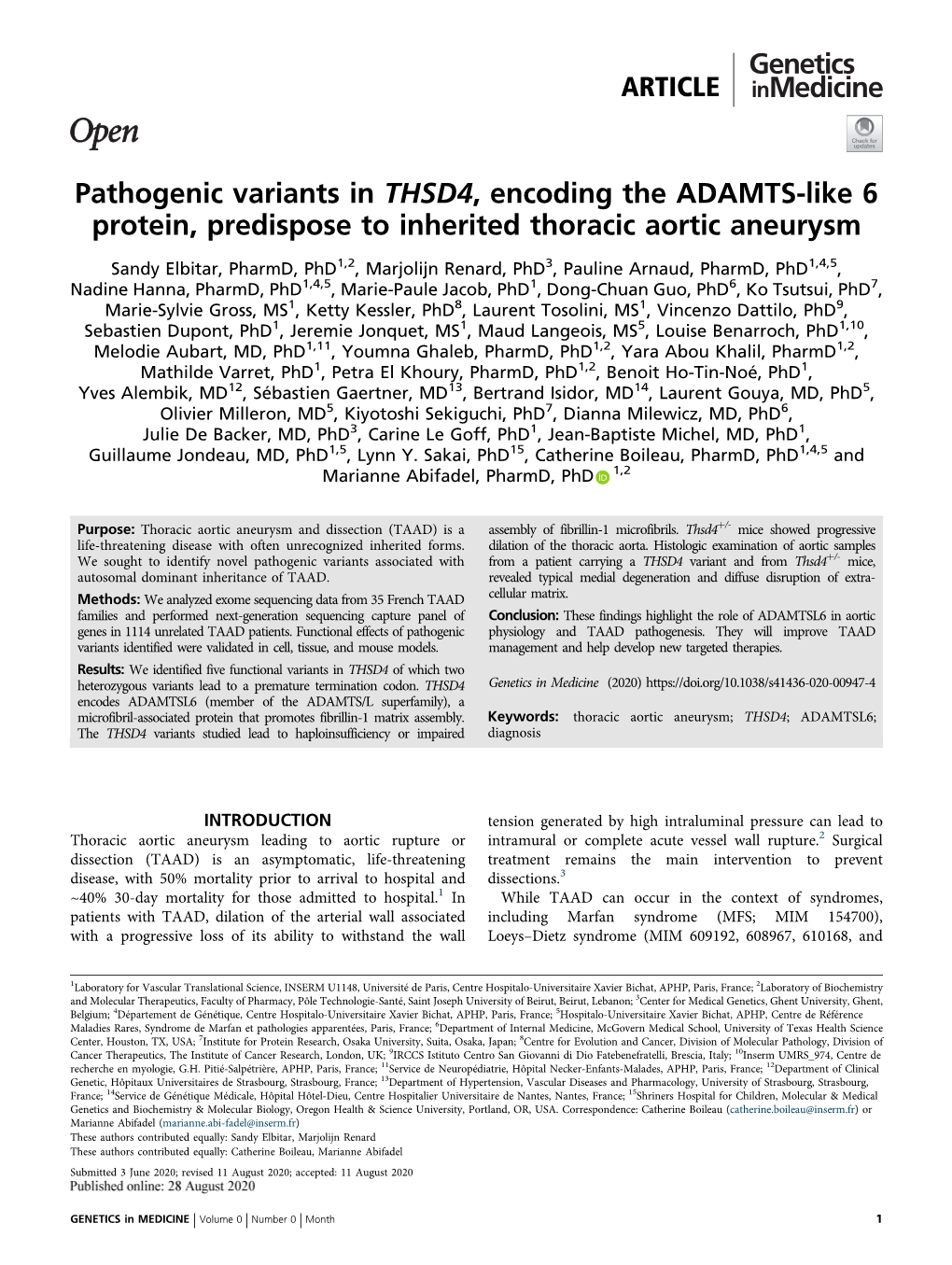 Pathogenic Variants in THSD4, Encoding the ADAMTS-Like 6 Protein, Predispose to Inherited Thoracic Aortic Aneurysm