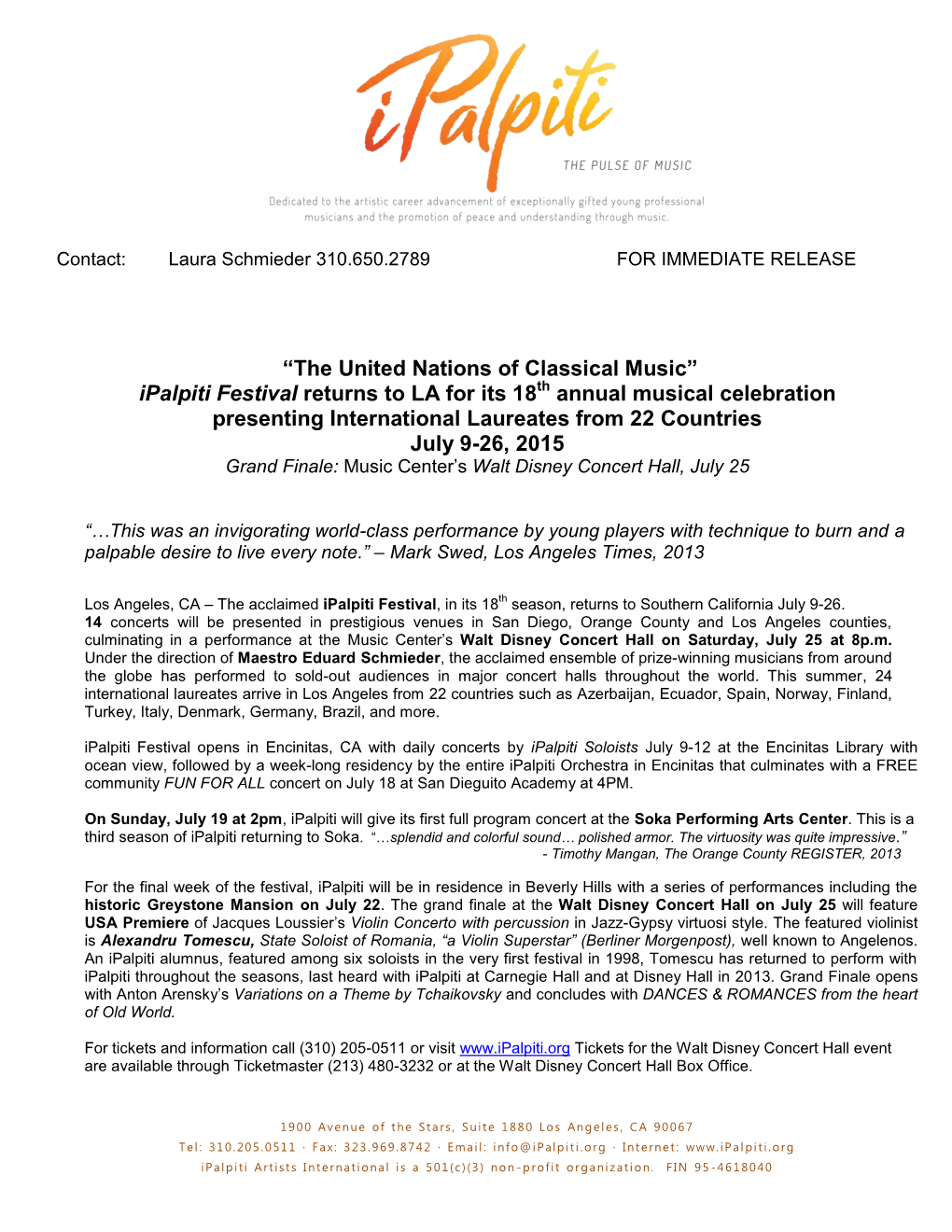 “The United Nations of Classical Music” Ipalpiti Festival Returns to LA