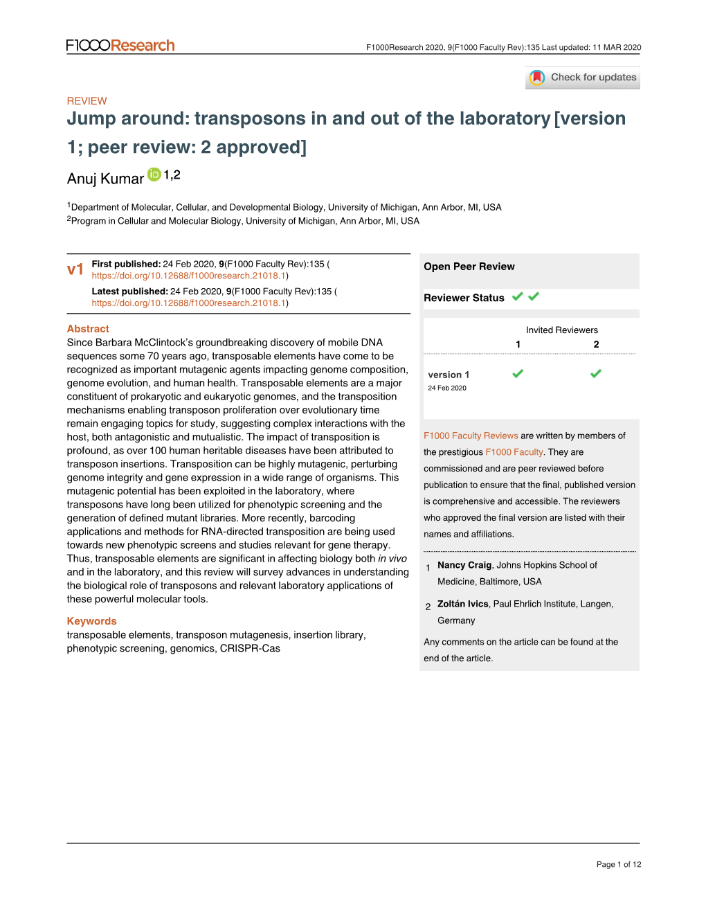 Transposons in and out of the Laboratory[Version 1; Peer Review: 2