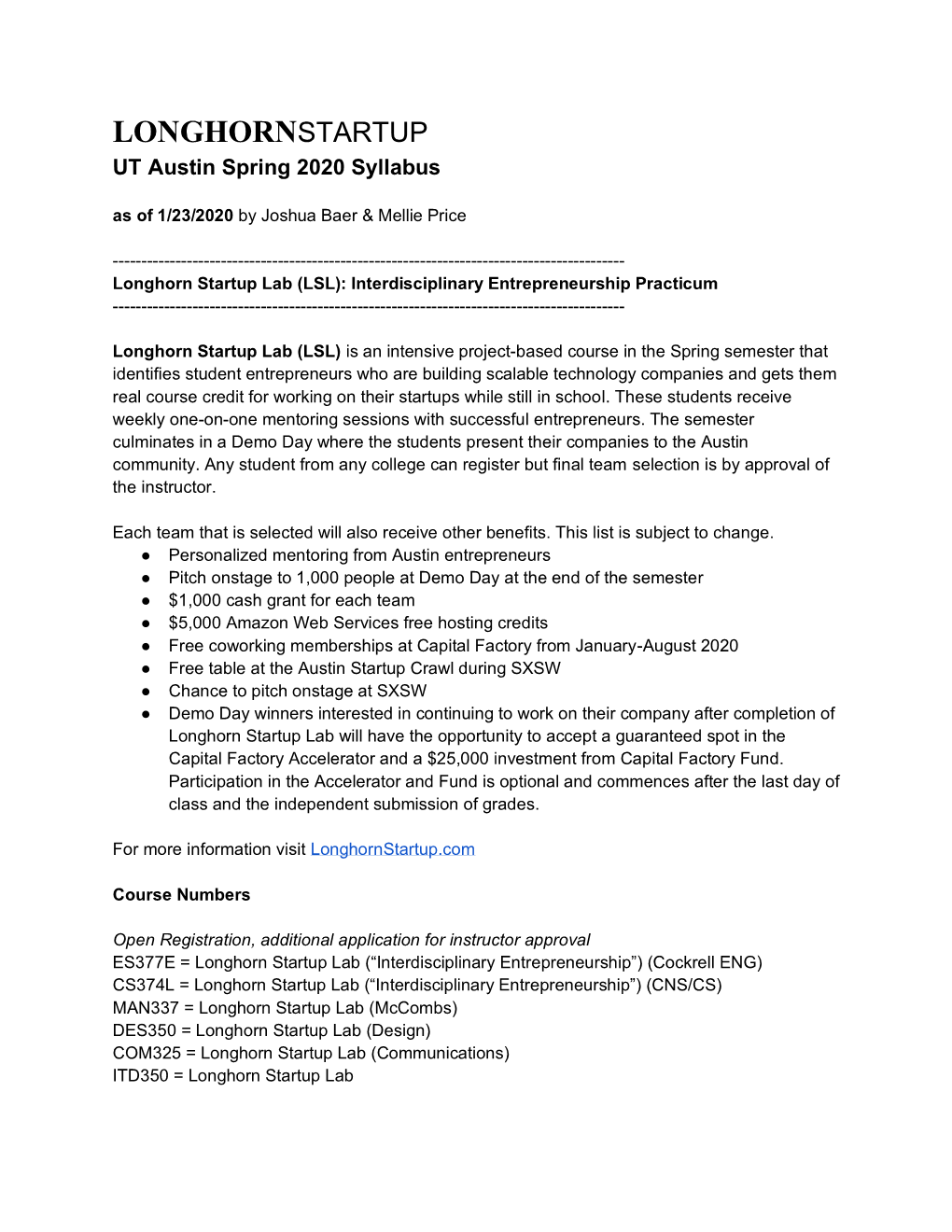 LONGHORNSTARTUP UT Austin Spring 2020 Syllabus As of 1/23/2020 by Joshua Baer & Mellie Price