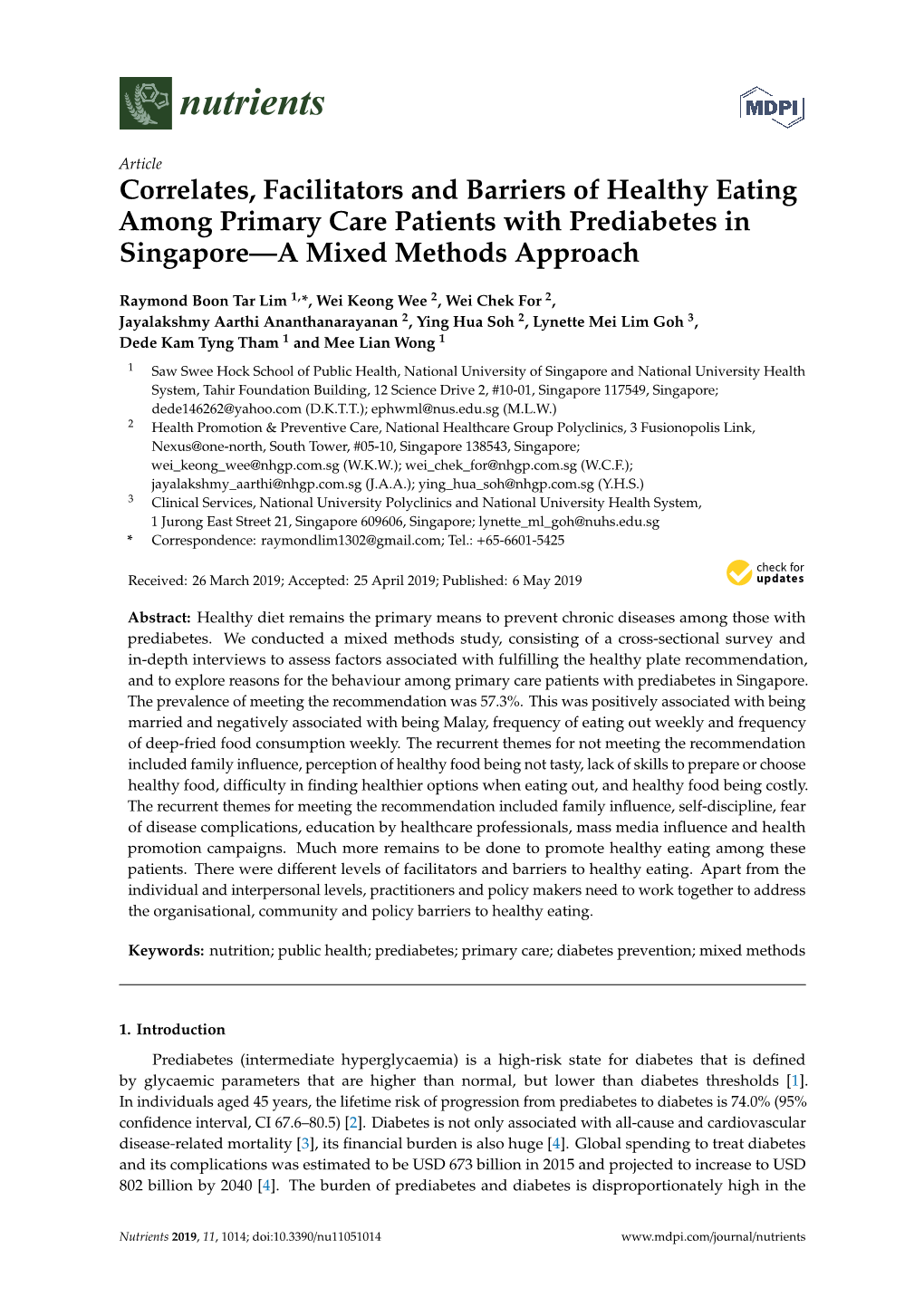 Correlates, Facilitators and Barriers of Healthy Eating Among Primary Care Patients with Prediabetes in Singapore—A Mixed Methods Approach