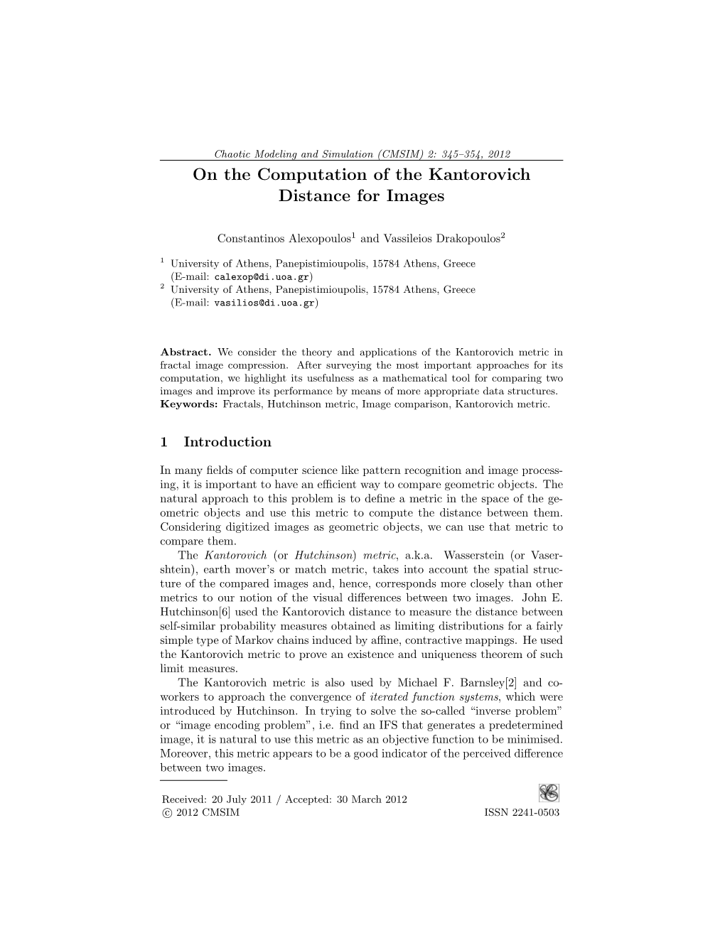 On the Computation of the Kantorovich Distance for Images