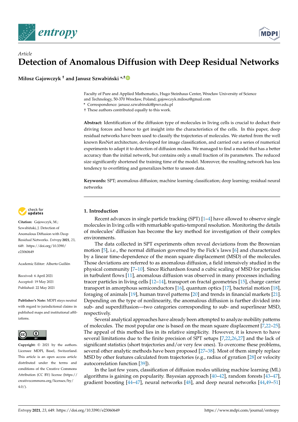 Detection of Anomalous Diffusion with Deep Residual Networks