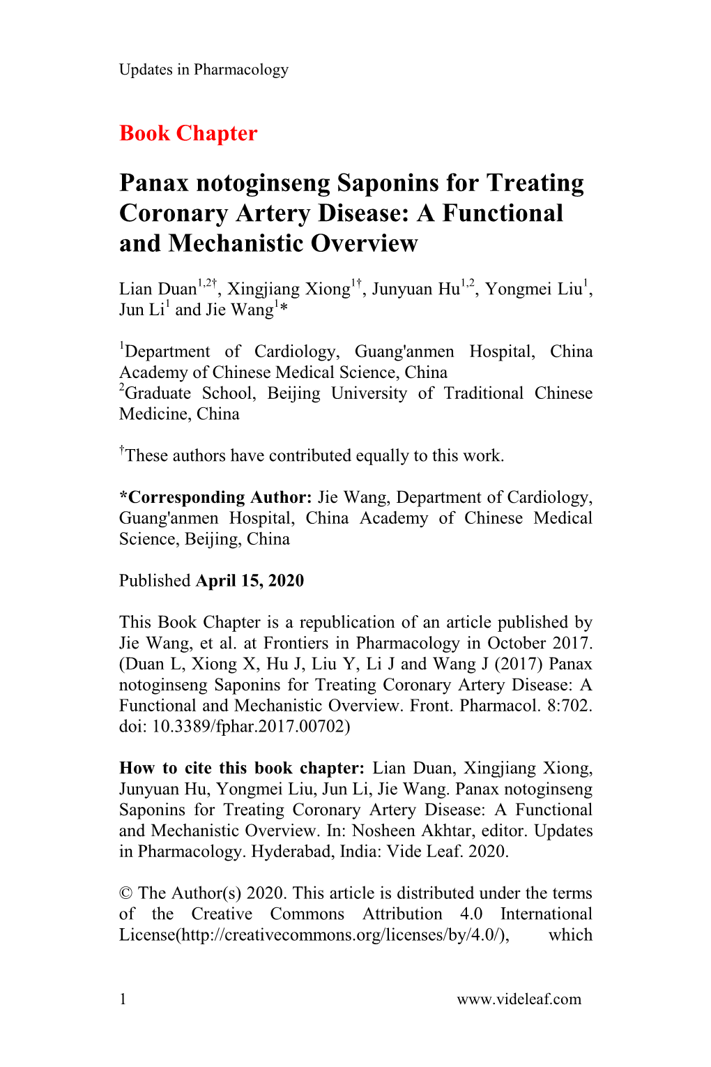 Panax Notoginseng Saponins for Treating Coronary Artery Disease: a Functional and Mechanistic Overview