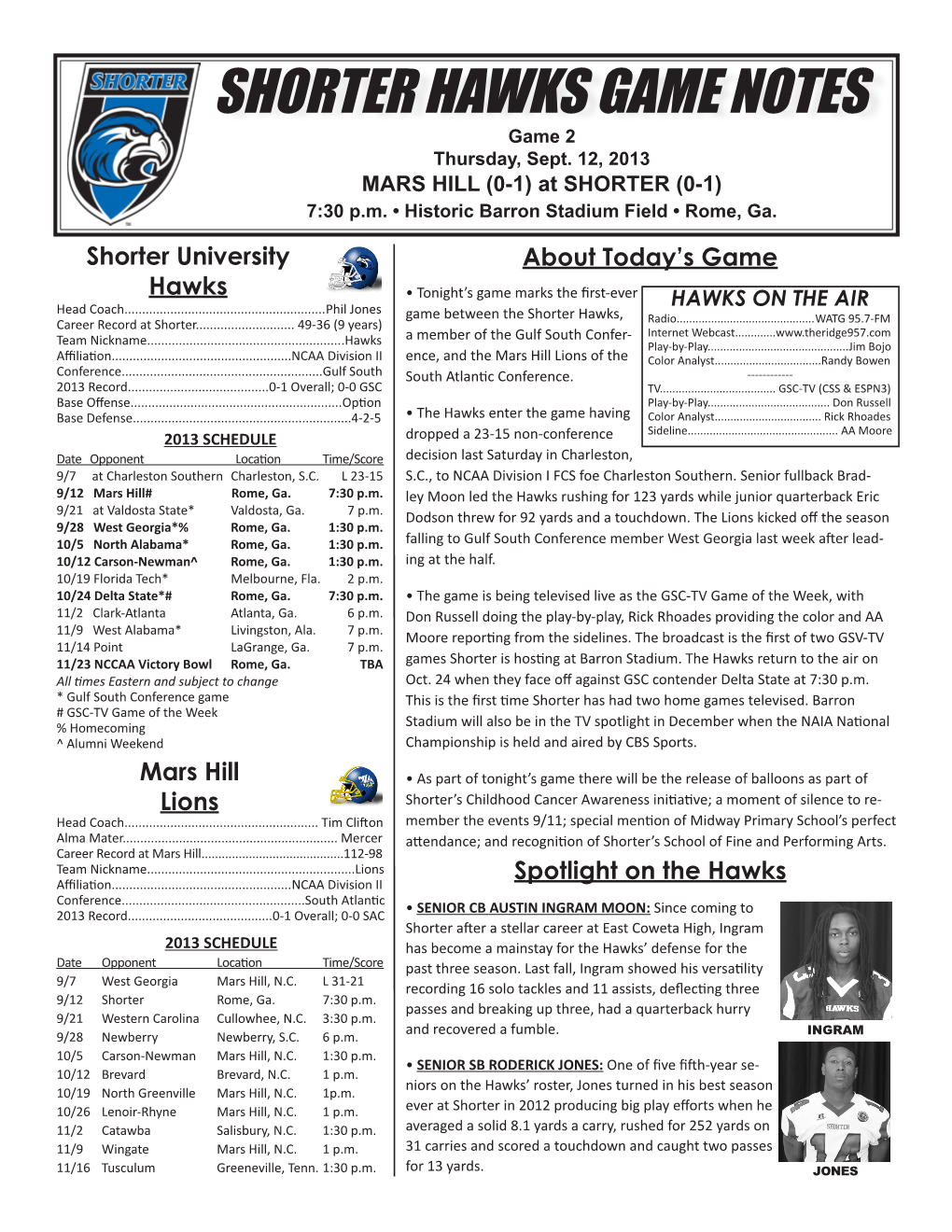 SHORTER HAWKS GAME NOTES Game 2 Thursday, Sept