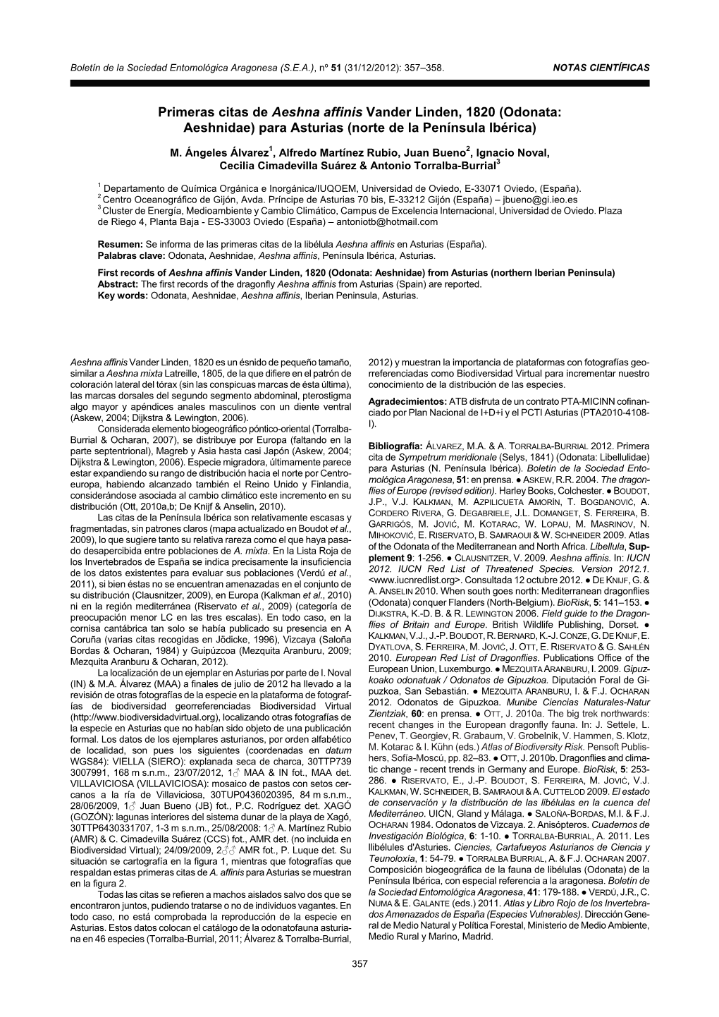 Odonata: Aeshnidae) Para Asturias (Norte De La Península Ibérica