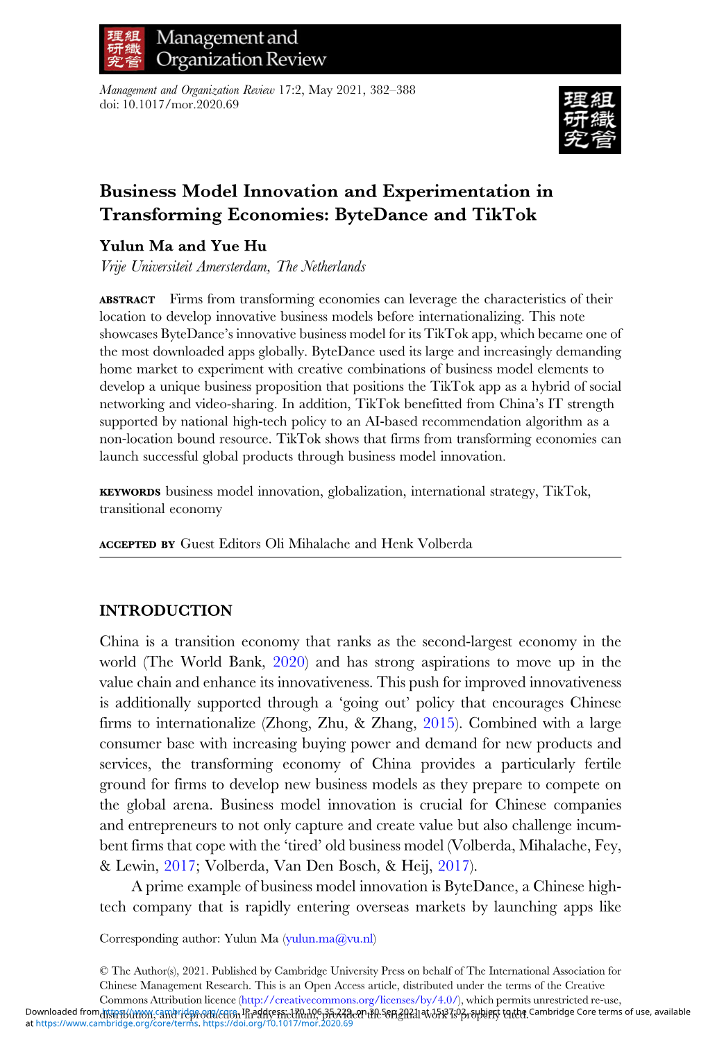 Bytedance and Tiktok Yulun Ma and Yue Hu Vrije Universiteit Amersterdam, the Netherlands