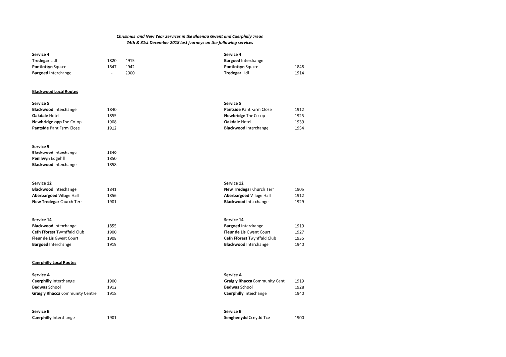 Service 4 Service 4 Tredegar Lidl 1820 1915 Bargoed Interchange - Pontlottyn Square 1847 1942 Pontlottyn Square 1848 Bargoed Interchange - 2000 Tredegar Lidl 1914