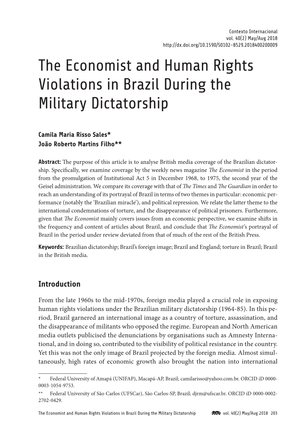 The Economist and Human Rights Violations in Brazil During the Sales & Martins Filho Military Dictatorship
