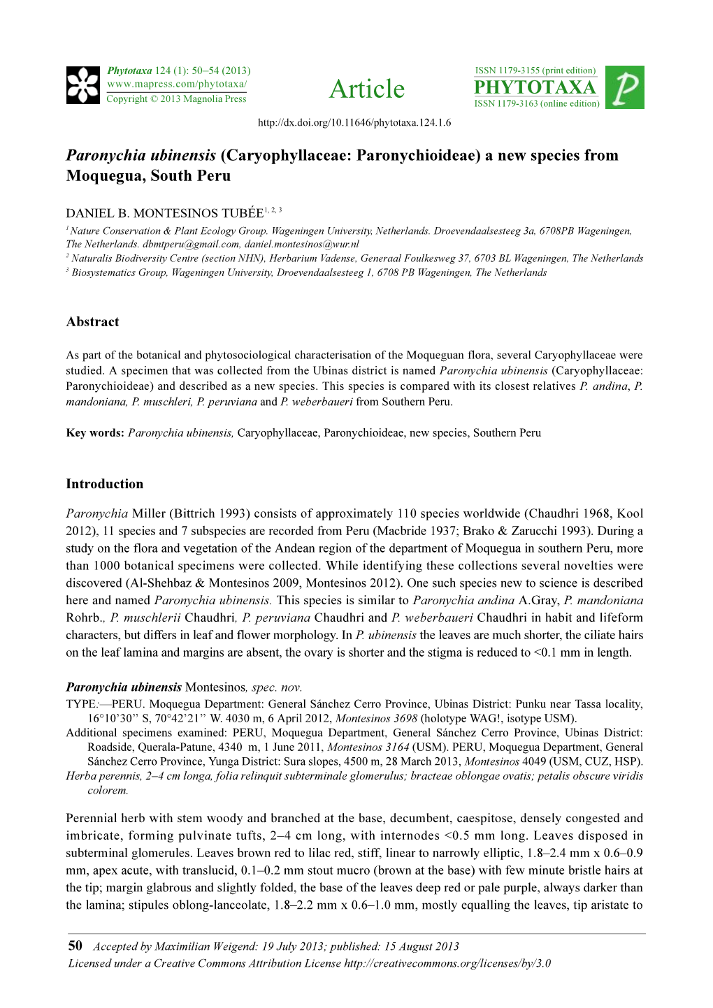 Paronychia Ubinensis (Caryophyllaceae: Paronychioideae) a New Species from Moquegua, South Peru