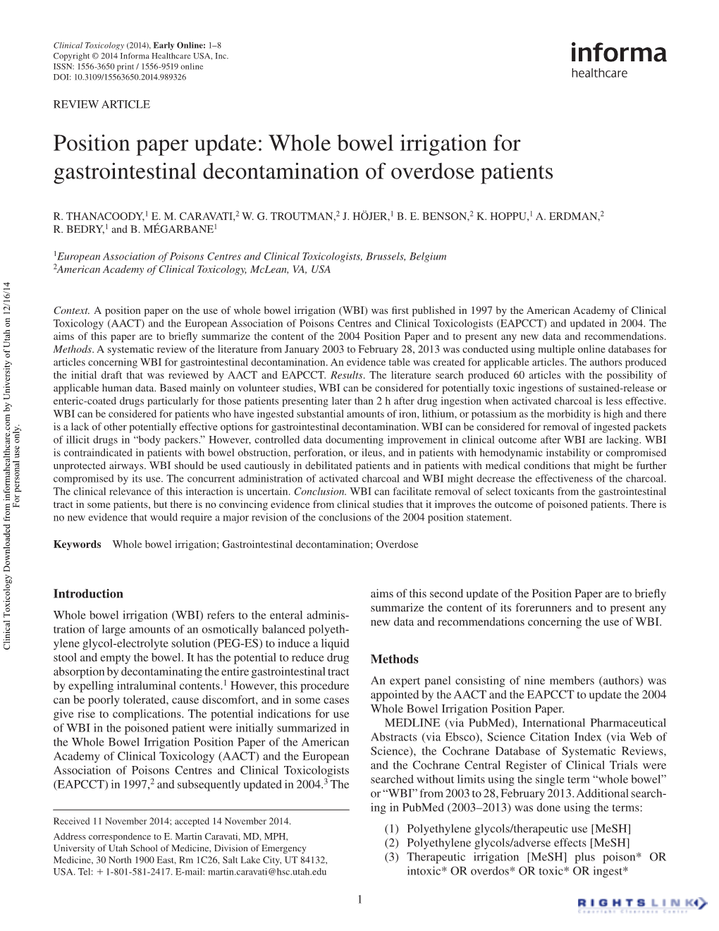 Whole Bowel Irrigation for Gastrointestinal Decontamination of Overdose Patients