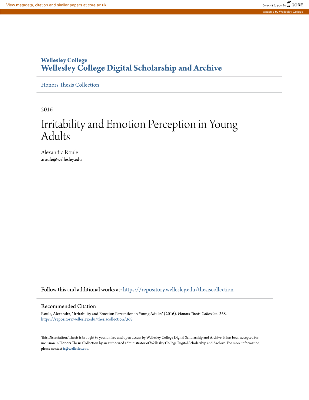 Irritability and Emotion Perception in Young Adults Alexandra Roule Aroule@Wellesley.Edu