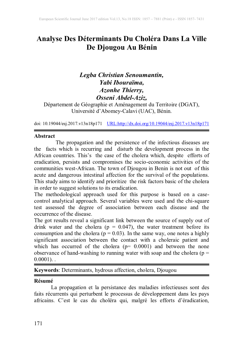 Analyse Des Déterminants Du Choléra Dans La Ville De Djougou Au Bénin
