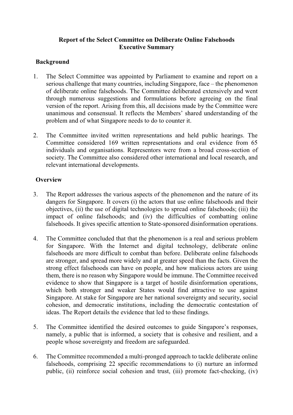 Report of the Select Committee on Deliberate Online Falsehoods Executive Summary