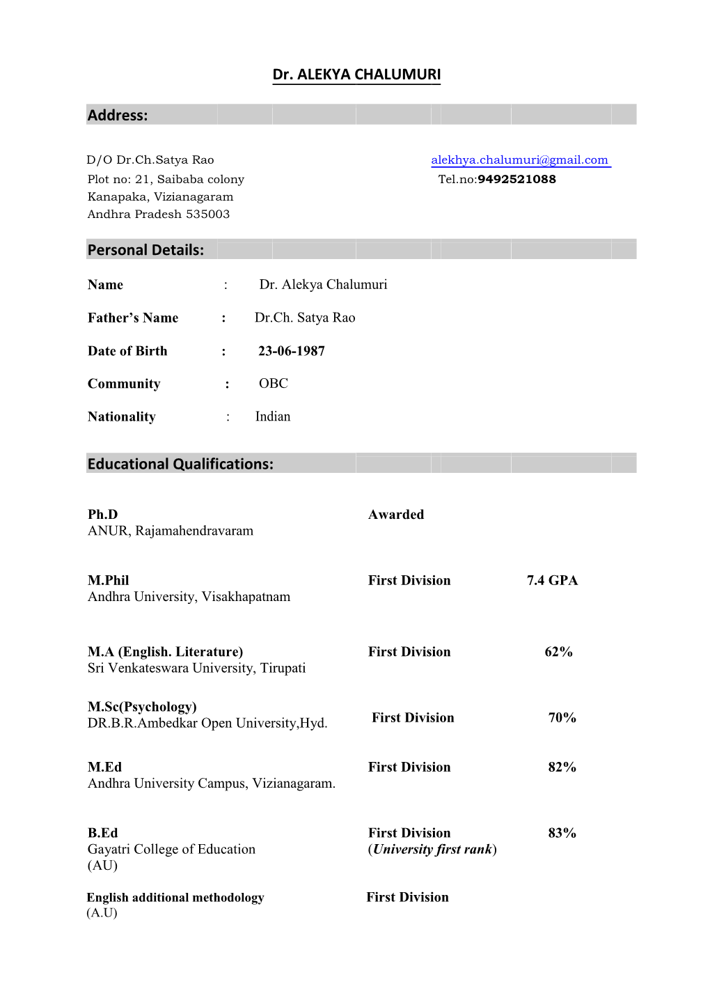 Dr. ALEKYA CHALUMURI Address: Personal Details