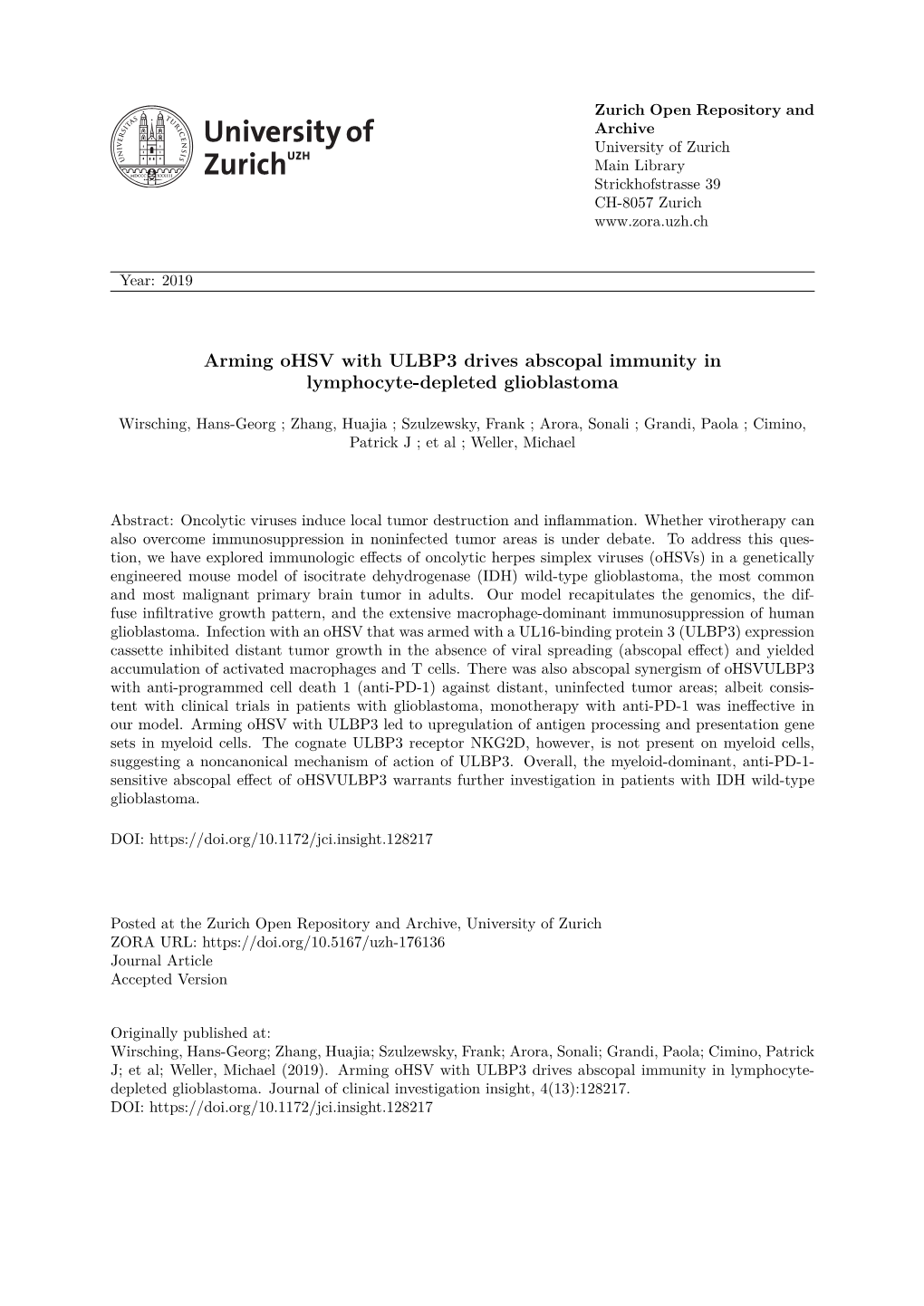 Arming Ohsv with ULBP3 Drives Abscopal Immunity in Lymphocyte-Depleted Glioblastoma