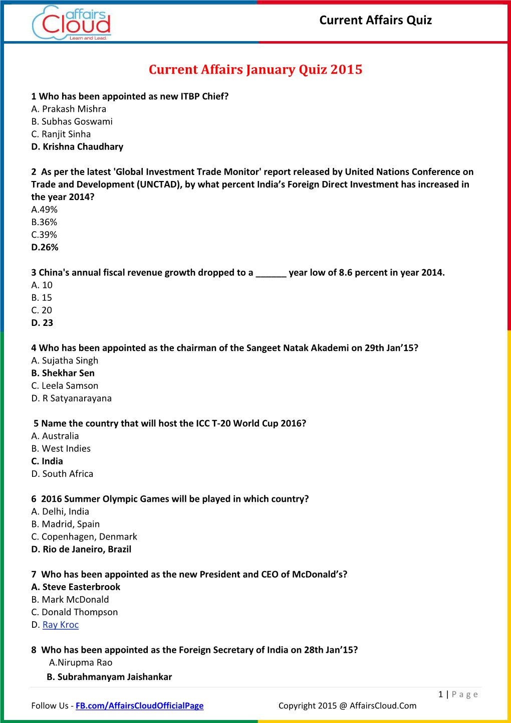 Current Affairs Quiz Current Affairs January Quiz 2015