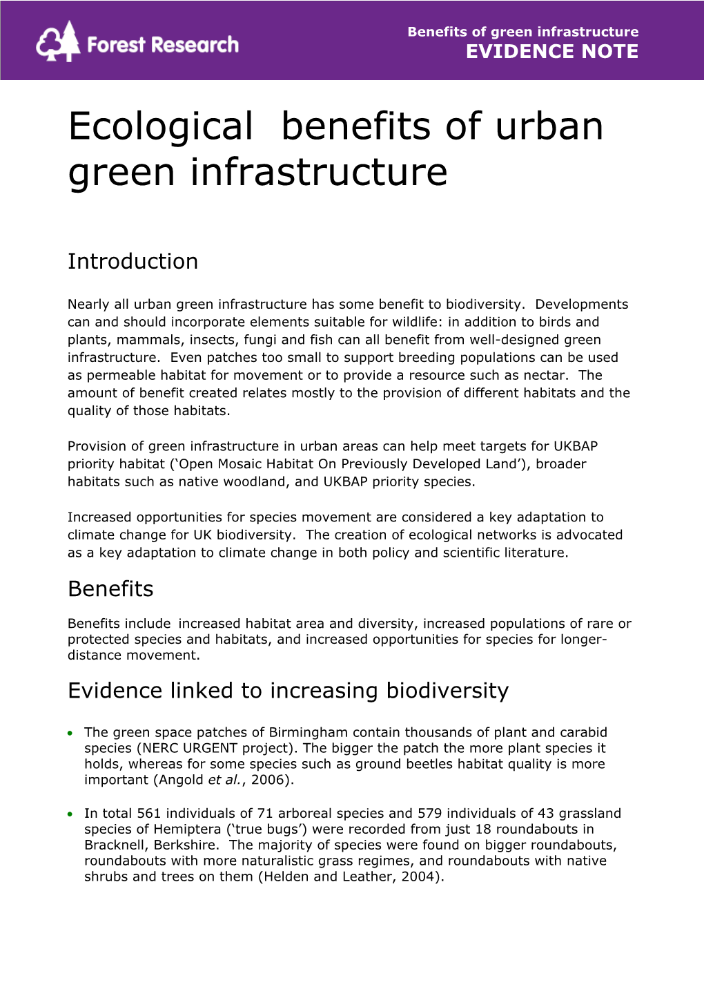Ecological Benefits of Urban Green Infrastructure