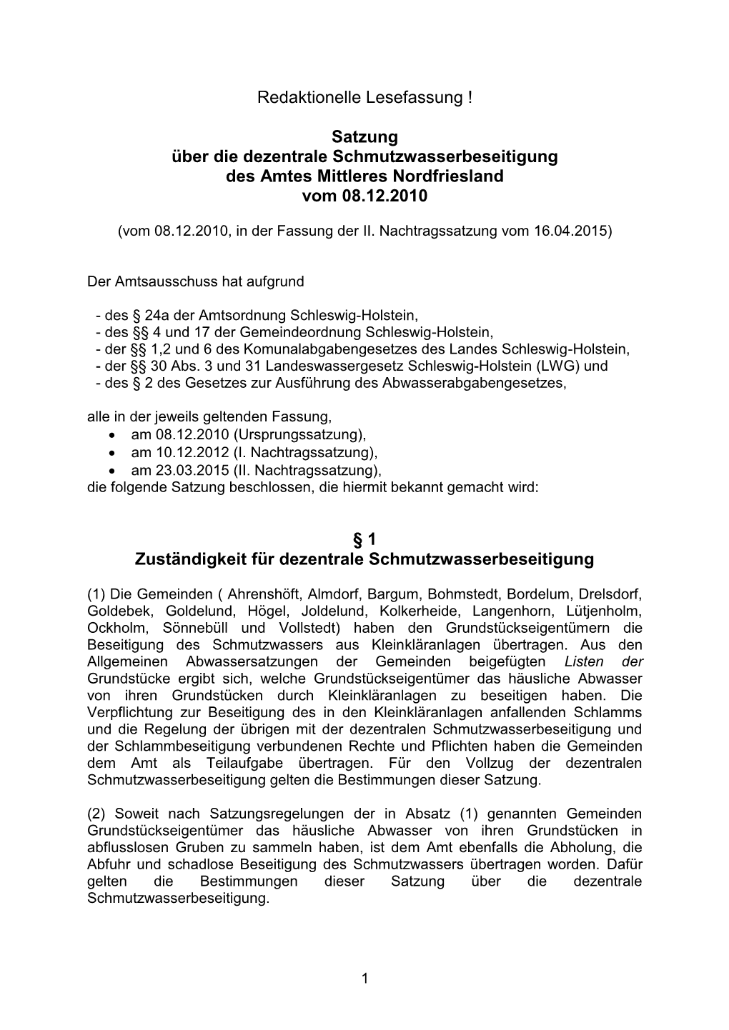 Satzung Über Die Dezentrale Schmutzwasserbeseitigung Des Amtes Mittleres Nordfriesland Vom 08.12.2010