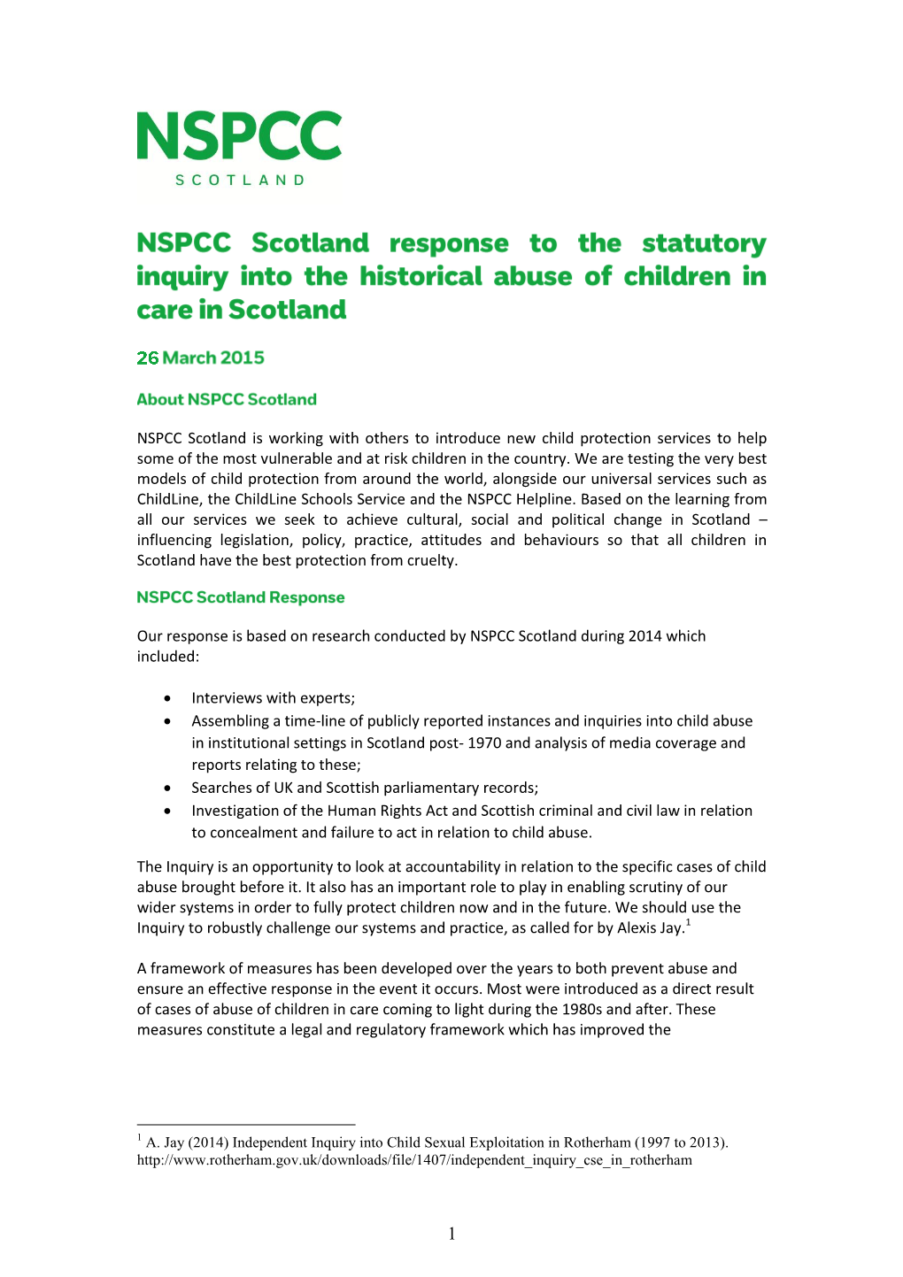 NSPCC Scotland Response to the Statutory Inquiry Into the Historical Abuse of Children in Care In